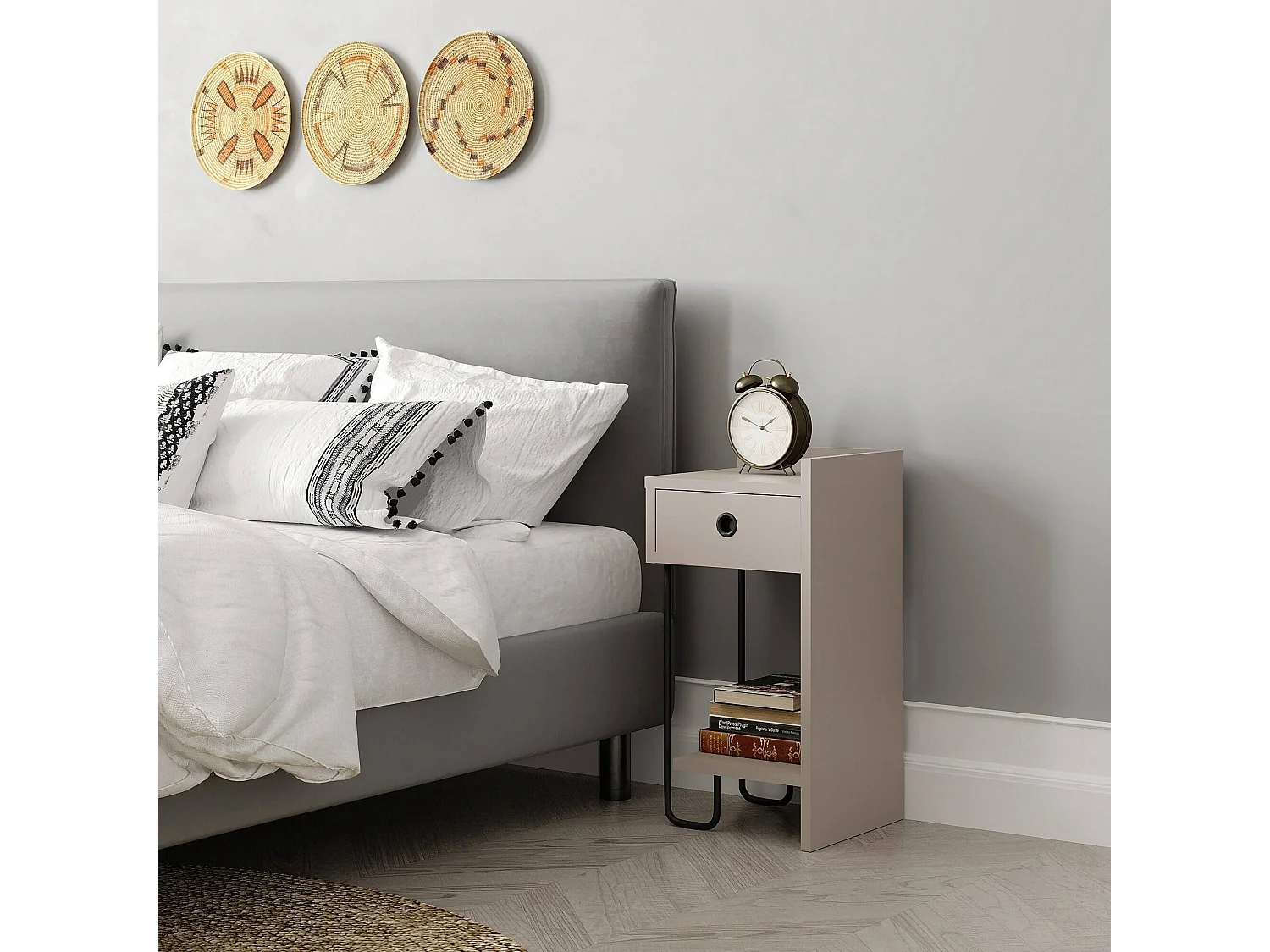 Mesa de cabeceira Dportalur, Cómoda baixa, Mesa de cabeceira, Prateleira de cama, 32x30 h61 cm, Bege