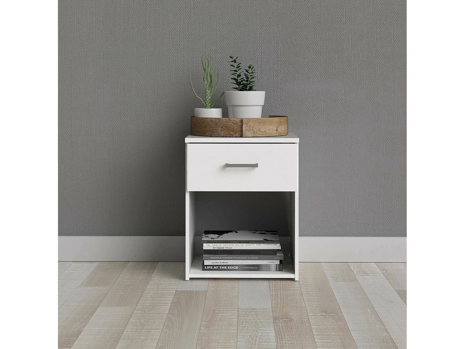 Chevet Druss, Commode basse, Table de nuit, Étagère de chevet, 38x36 h48 cm, Blanc