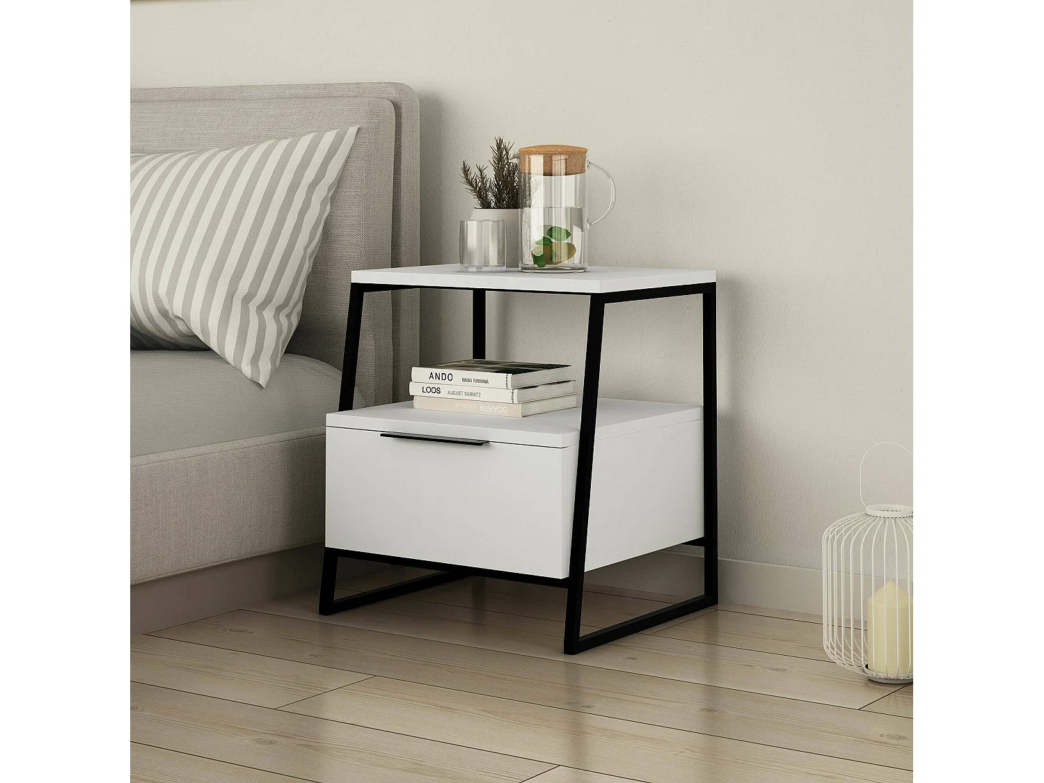 Chevet Dditacchi, Commode basse, Table de nuit, Étagère de chevet, 45x41 h50 cm, Blanc et Noir