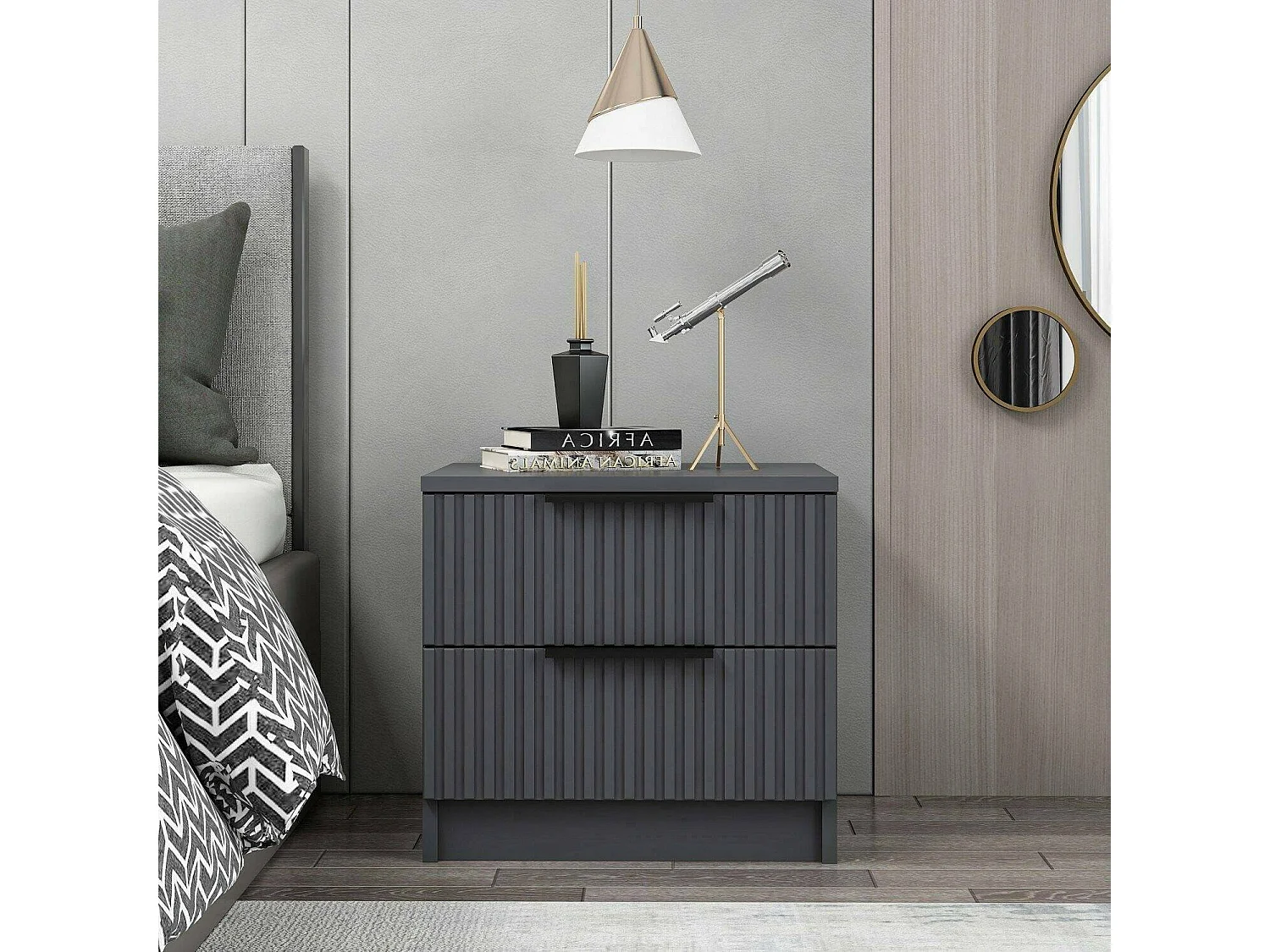 Chevet Dfran, Commode basse, Table de nuit, Étagère de chevet, 50x40 h47 cm, Anthracite