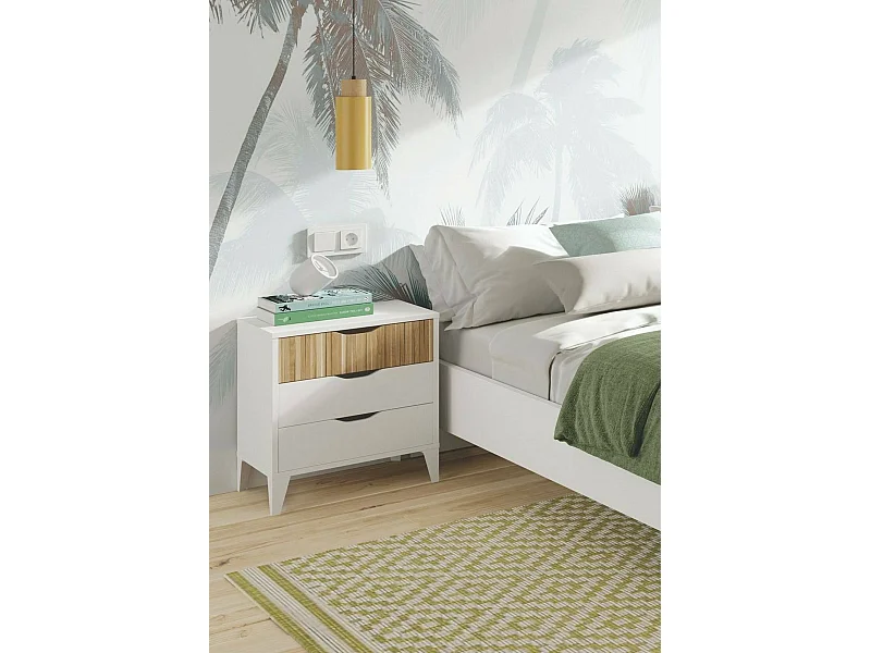 Chevet Dzoe, Commode basse, Table de nuit, Étagère de chevet, 44x33 h50 cm, Blanc et Chêne clair