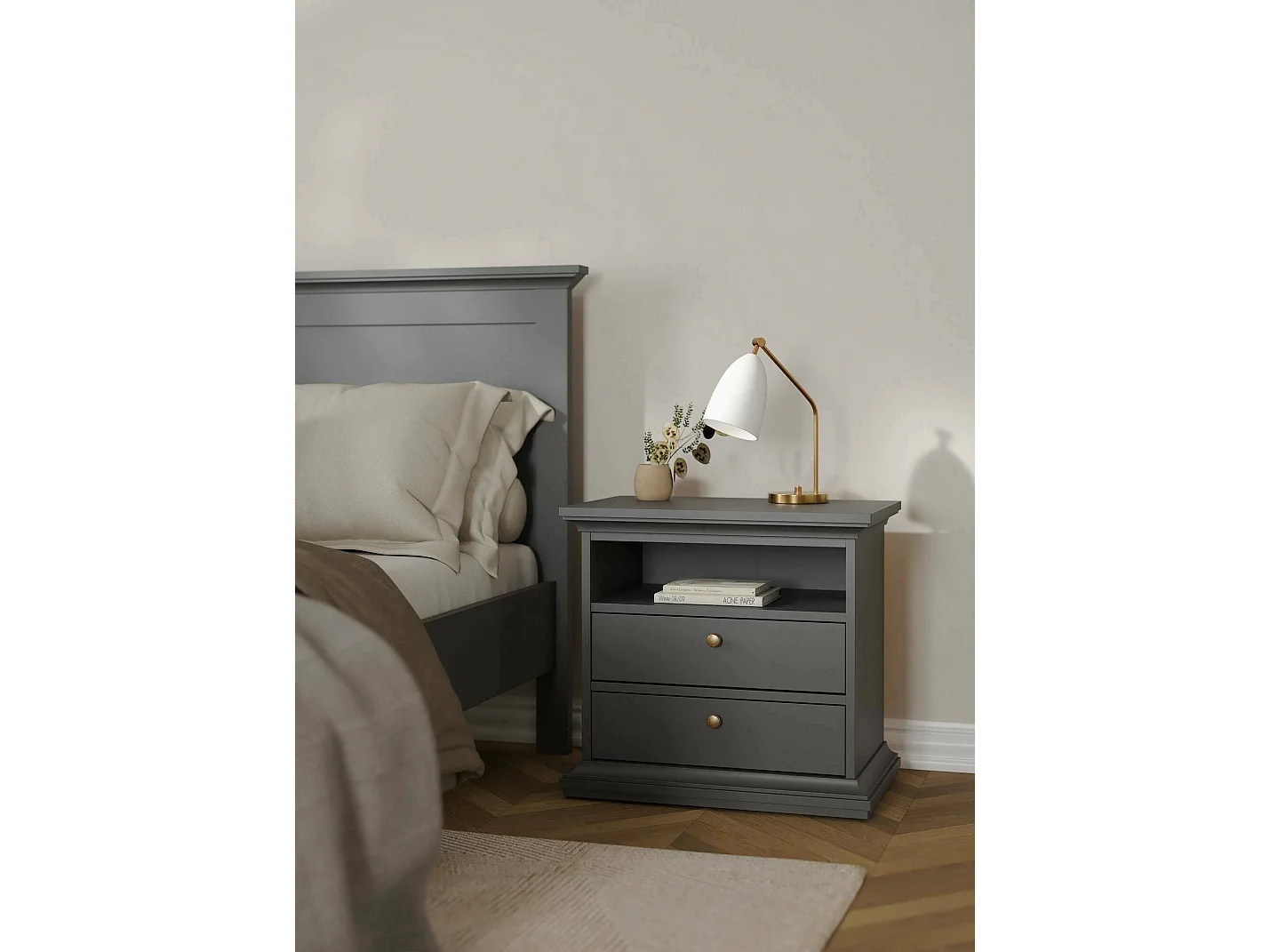 Dsabell nachtkastje, Lage ladekast, Nachtkastje, Bedplank, 63x40 h59 cm, Grijs