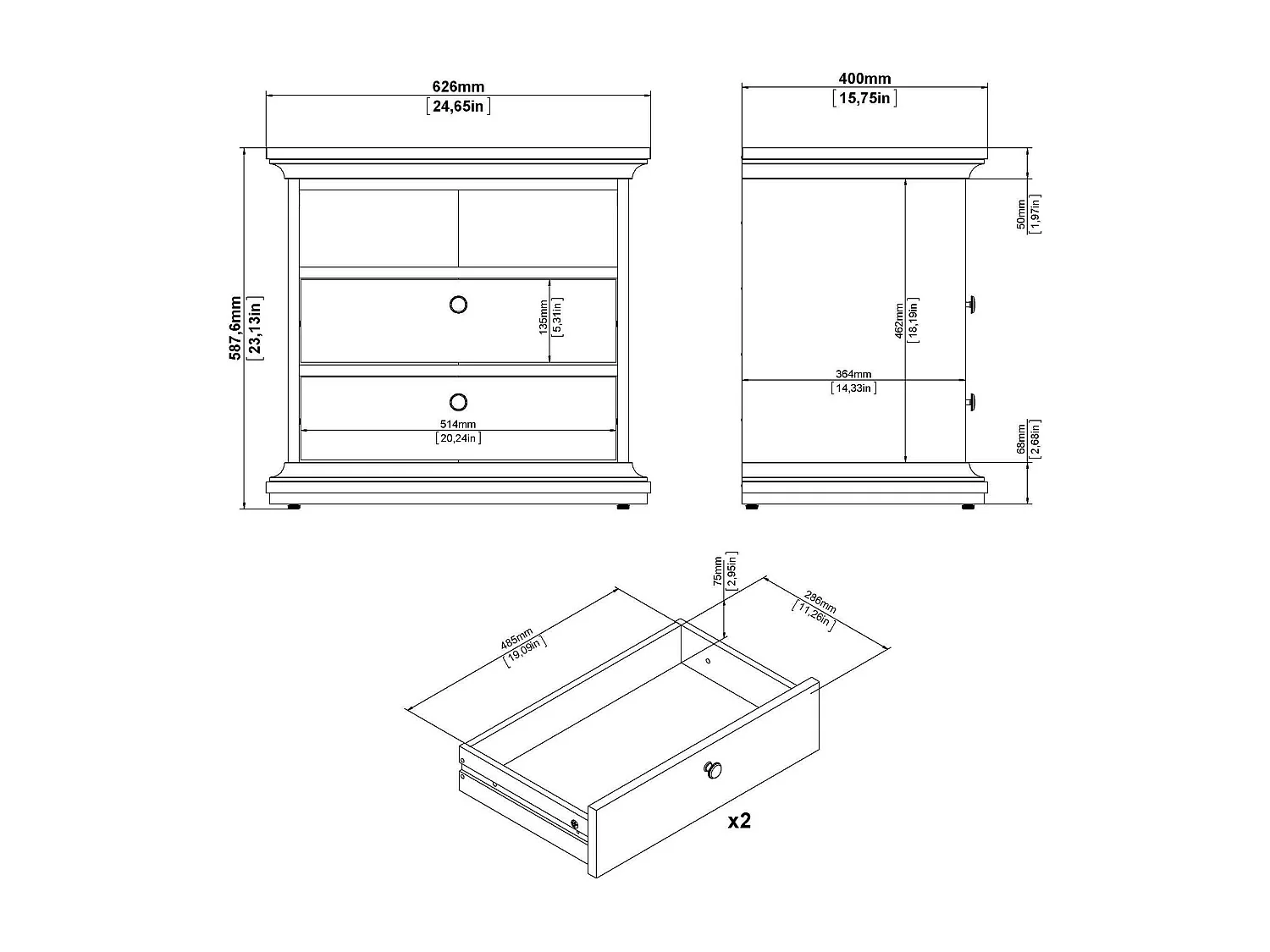 Dsabell nachtkastje, Lage ladekast, Nachtkastje, Bedplank, 63x40 h59 cm, Grijs