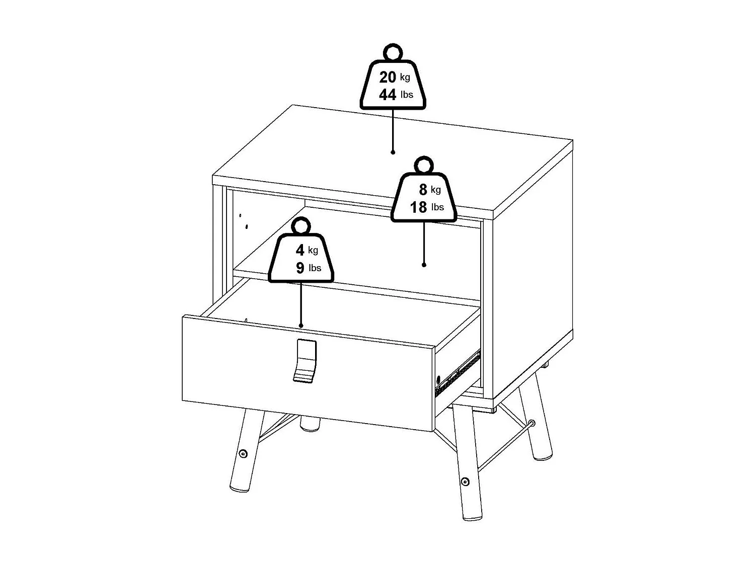 Chevet Drozzi, Commode basse, Table de nuit, Étagère de chevet, 53x40 h60 cm, Chêne clair