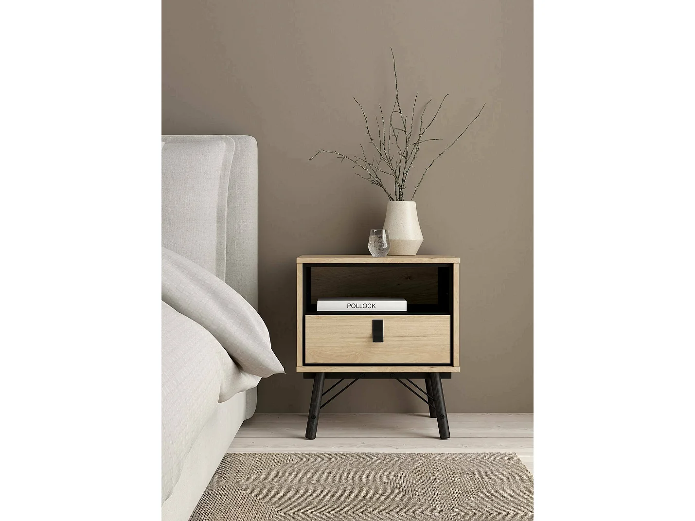 Chevet Drozzi, Commode basse, Table de nuit, Étagère de chevet, 53x40 h60 cm, Chêne clair