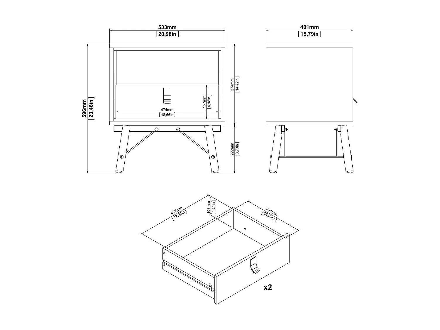 Chevet Drozzi, Commode basse, Table de nuit, Étagère de chevet, 53x40 h60 cm, Chêne clair