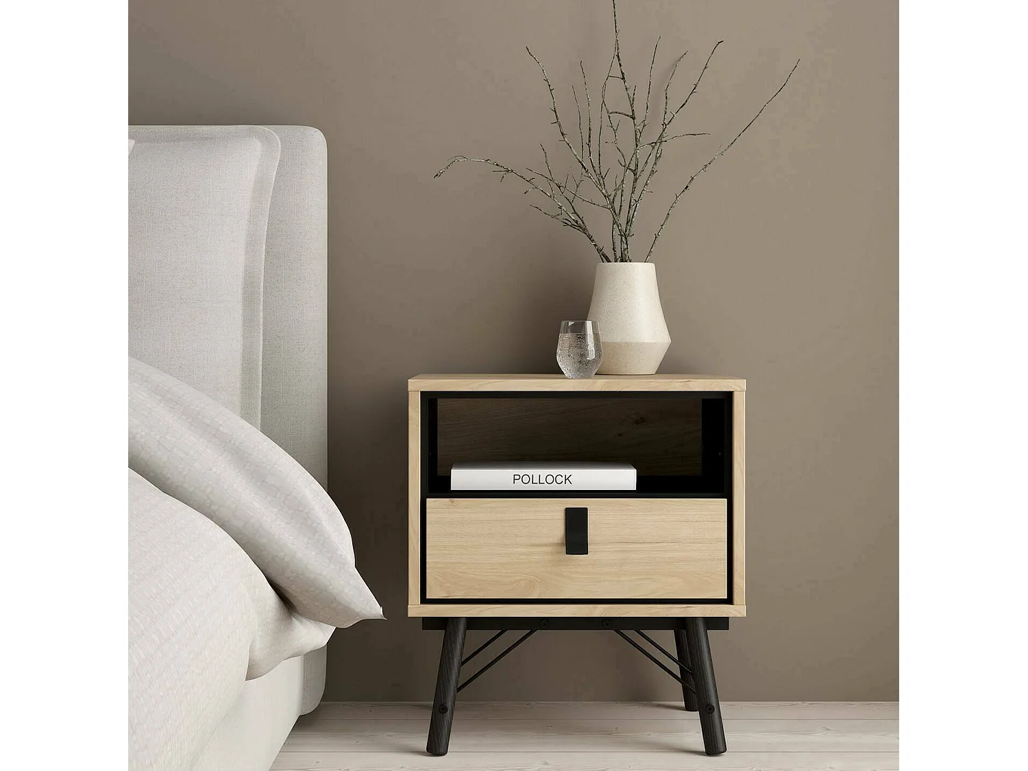 Chevet Drozzi, Commode basse, Table de nuit, Étagère de chevet, 53x40 h60 cm, Chêne clair
