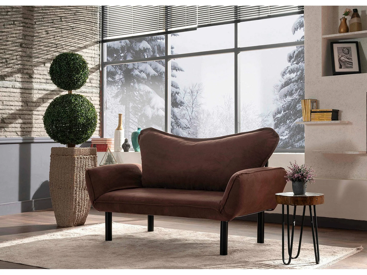 Sofá-cama Dmontervin de 2 lugares, Sofá convertível, Sofá de hóspedes, Poltrona-cama com arrumação, 140x65 h70 cm, Castanho