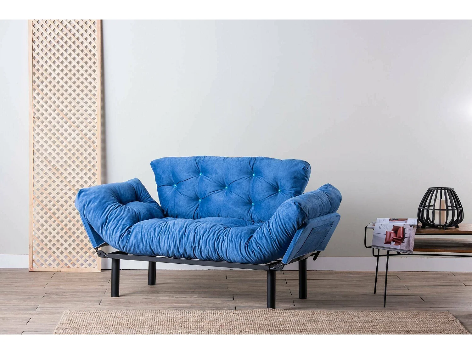 Canapé lit 2 places Dravagliol, Divan transformable, Canapé pour invités, Fauteuil lit conteneur, 155x70 h85 cm, Bleu