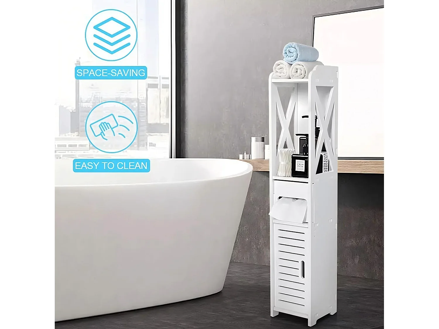 Modern badkamermeubel, vrijstaand opbergmeubel met 4 lades, opbergkast, 18x20x80cm - wit