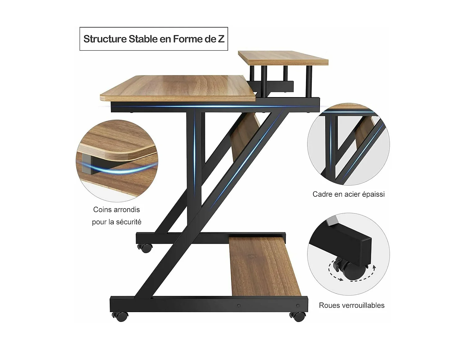 Bureau d'ordinateur Stable en Forme de Z avec roulettes,Bureau Mobile avec Étagères,Table Bureau Domicile Étude 70x60x79CM,Chêne Clair