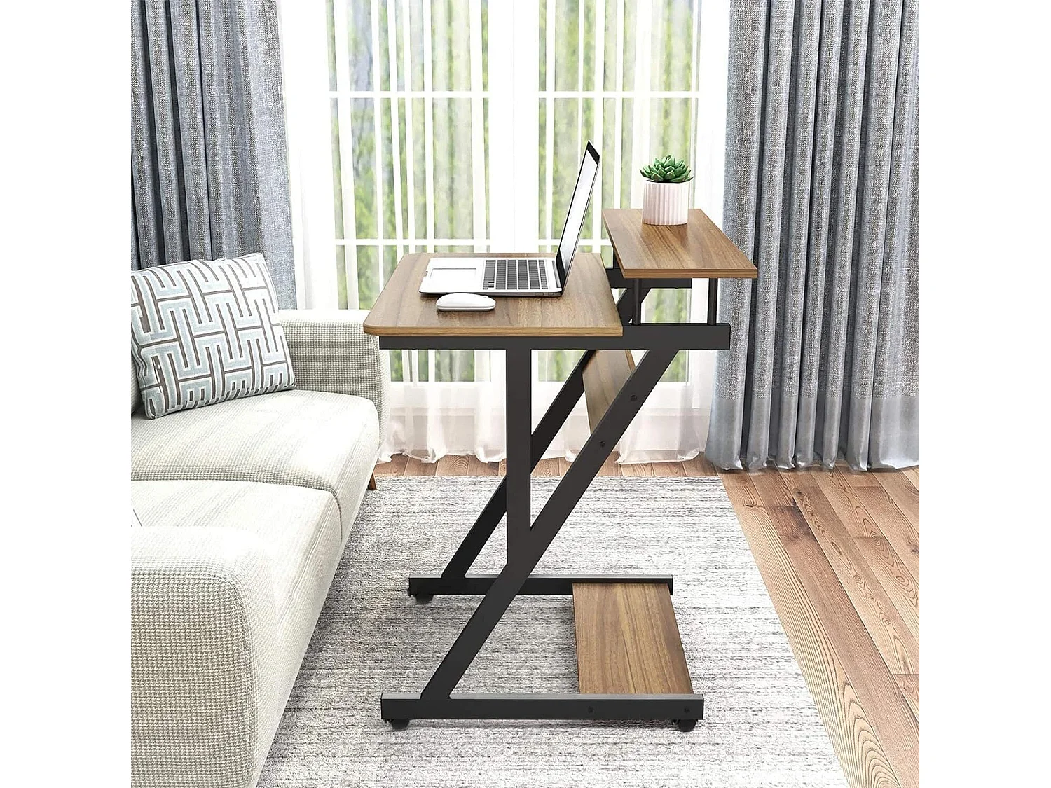 Bureau d'ordinateur Stable en Forme de Z avec roulettes,Bureau Mobile avec Étagères,Table Bureau Domicile Étude 70x60x79CM,Chêne Clair