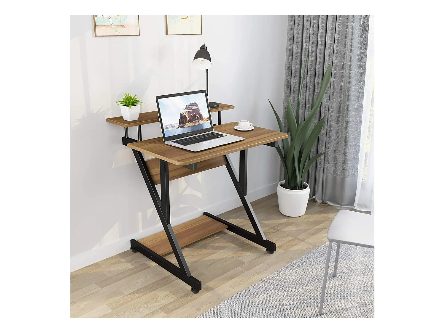 Bureau d'ordinateur Stable en Forme de Z avec roulettes,Bureau Mobile avec Étagères,Table Bureau Domicile Étude 70x60x79CM,Chêne Clair