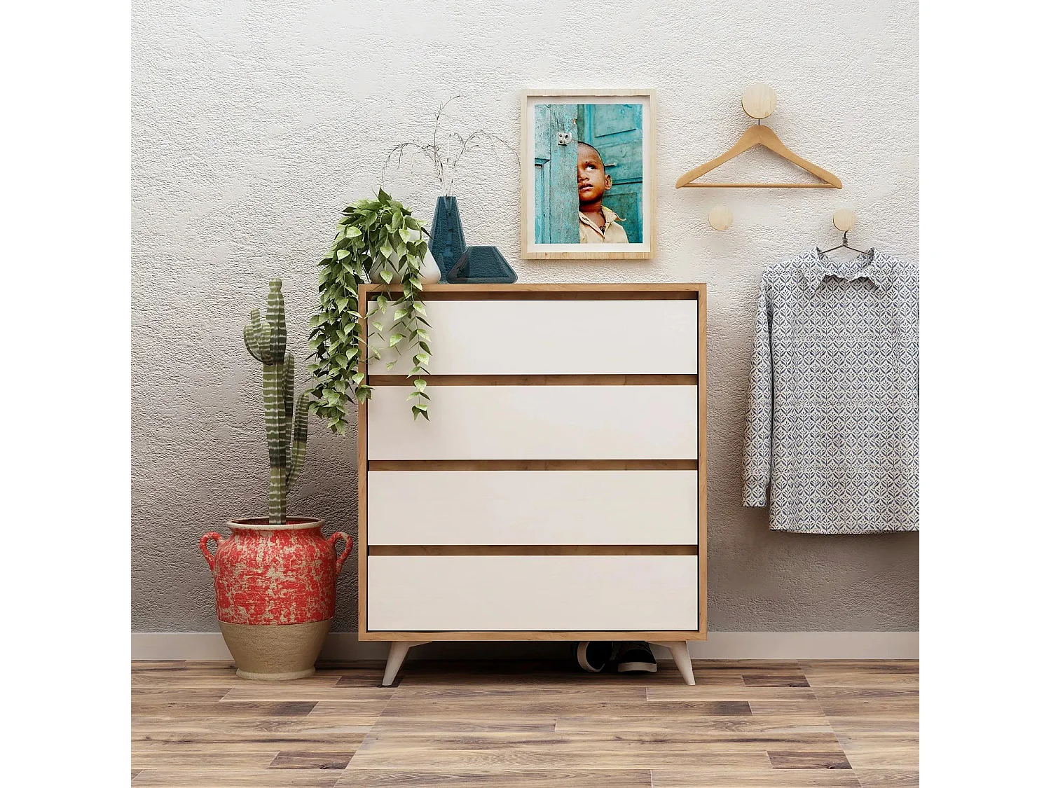 Commode 4 tiroirs Clarenia Chêne clair et Blanc