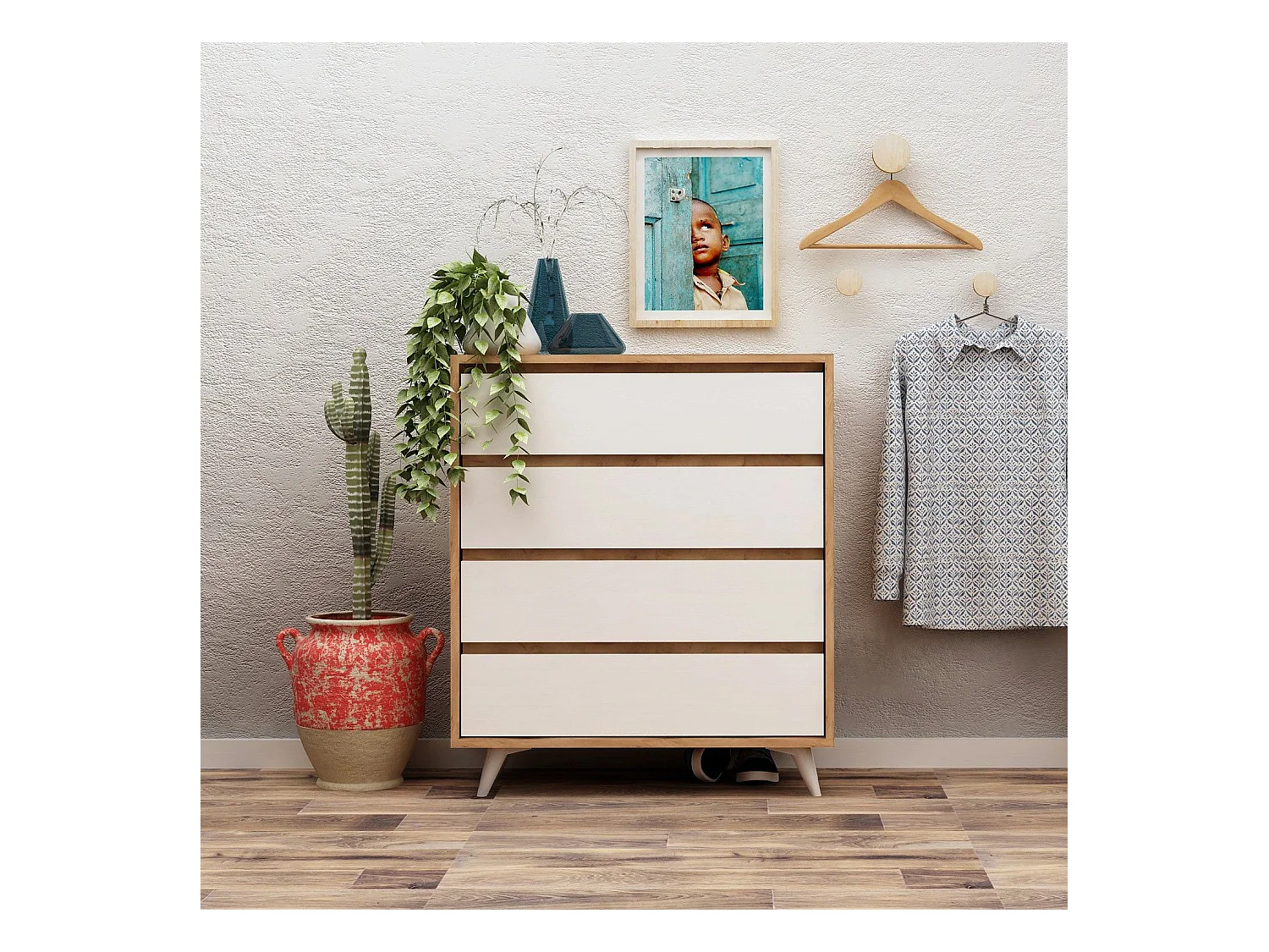 Commode 4 tiroirs Clarenia Chêne clair et Blanc