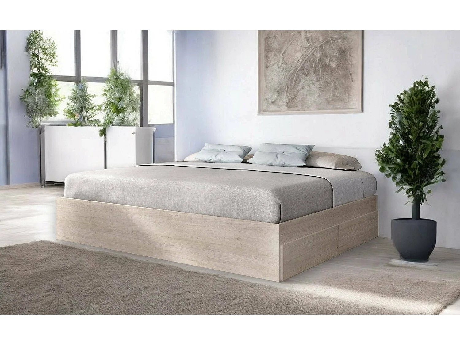 Lit double Dkir, Sommier pour chambre, Literie par chambre, Support de matelas, 169x205 h39 cm, Chêne clair