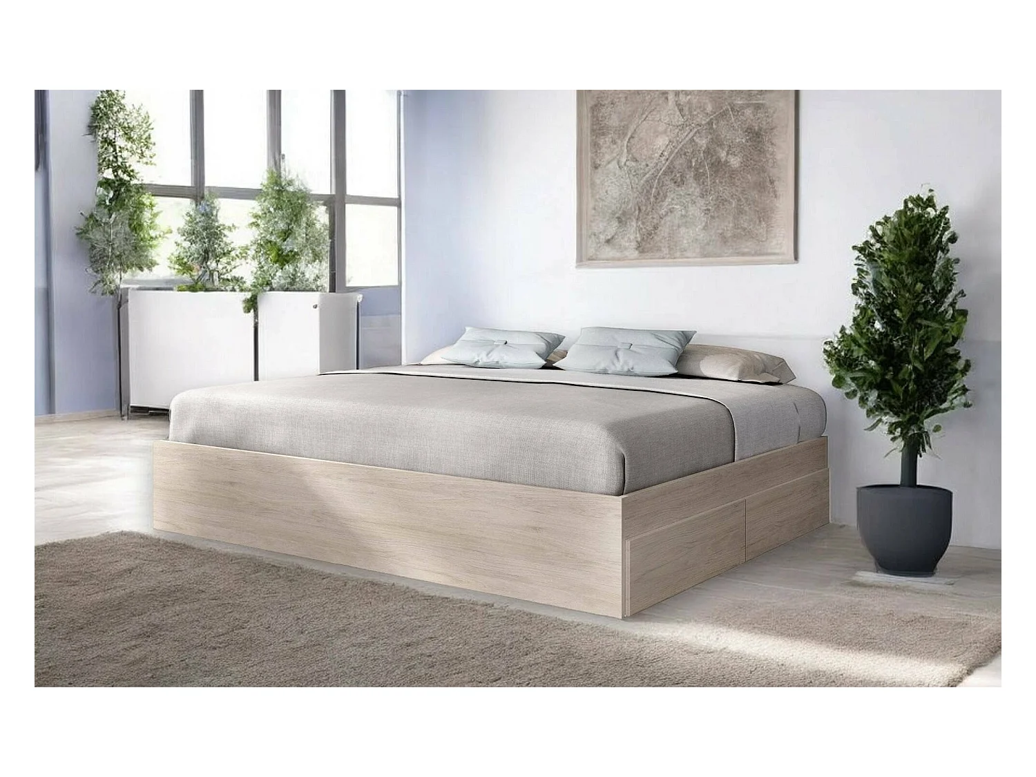 Lit double Dlowr, Sommier pour chambre, Literie par chambre, Support de matelas, 149x195 h39 cm, Chêne clair