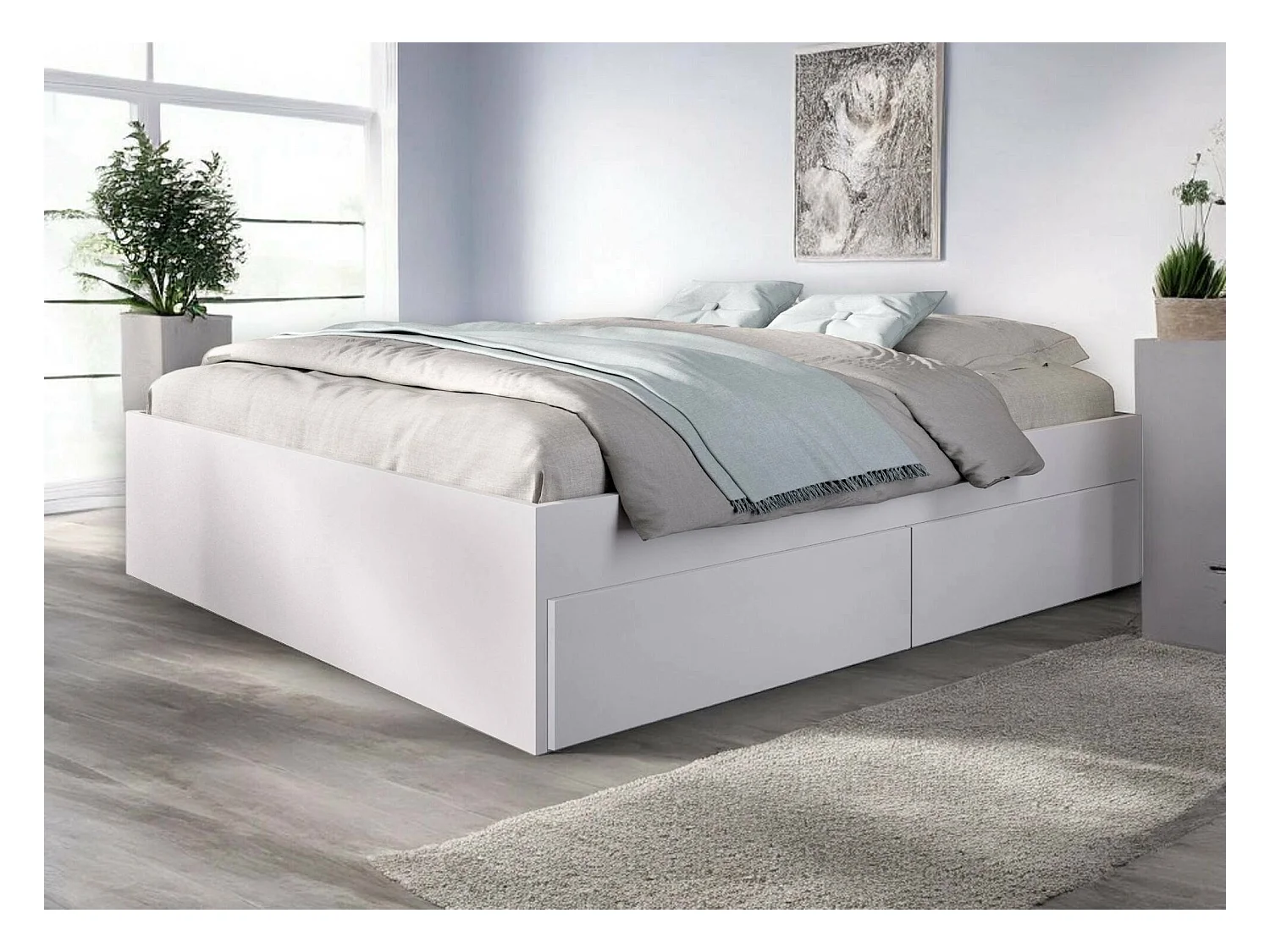 Lit double Dlowr, Sommier pour chambre, Literie par chambre, Support de matelas, 149x195 h39 cm, Blanc