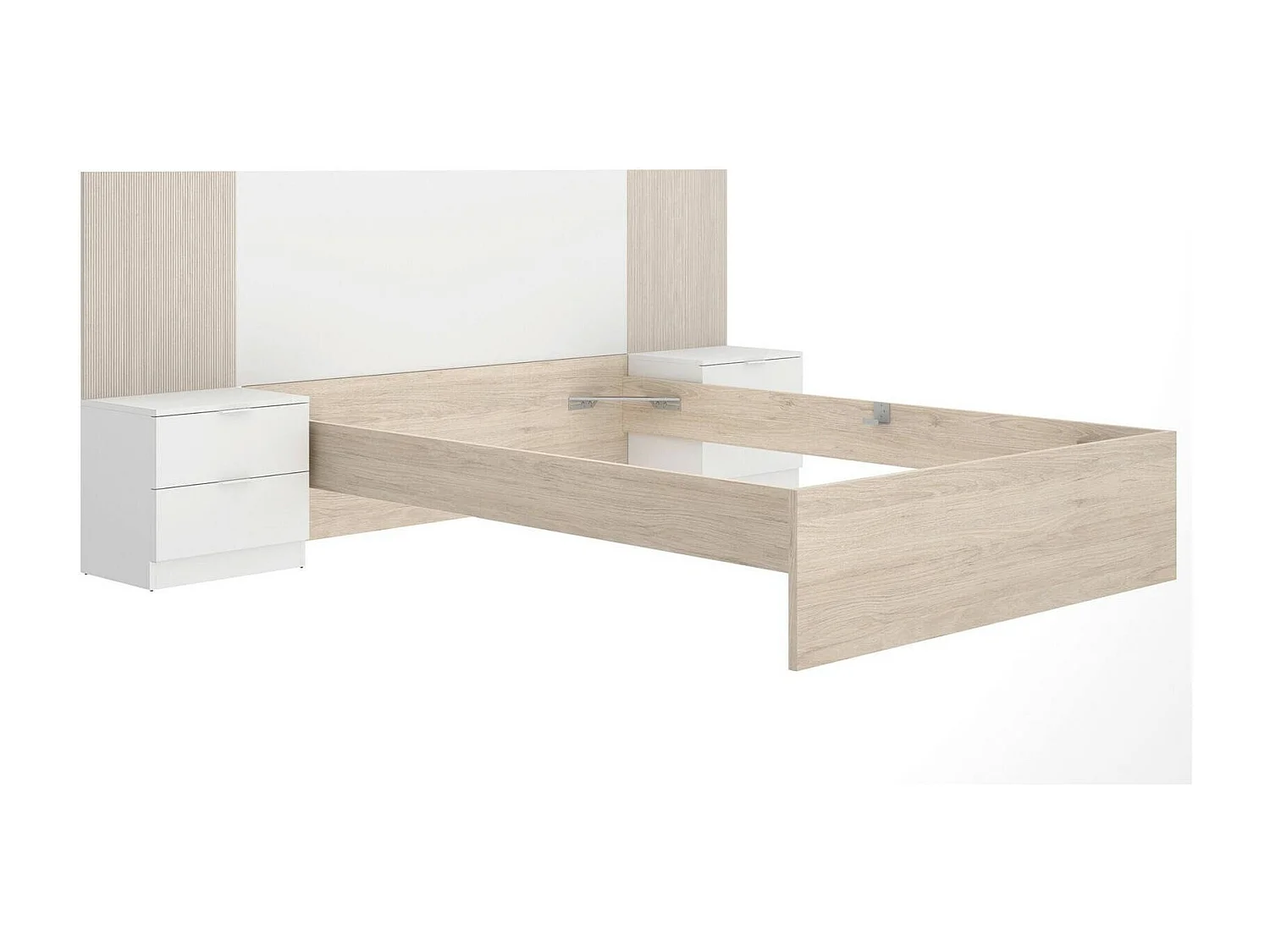 Lit doubleDthoma, Sommier pour chambre, Literie par chambre, Support de matelas, 259x195 h106 cm, Blanc et Chêne clair