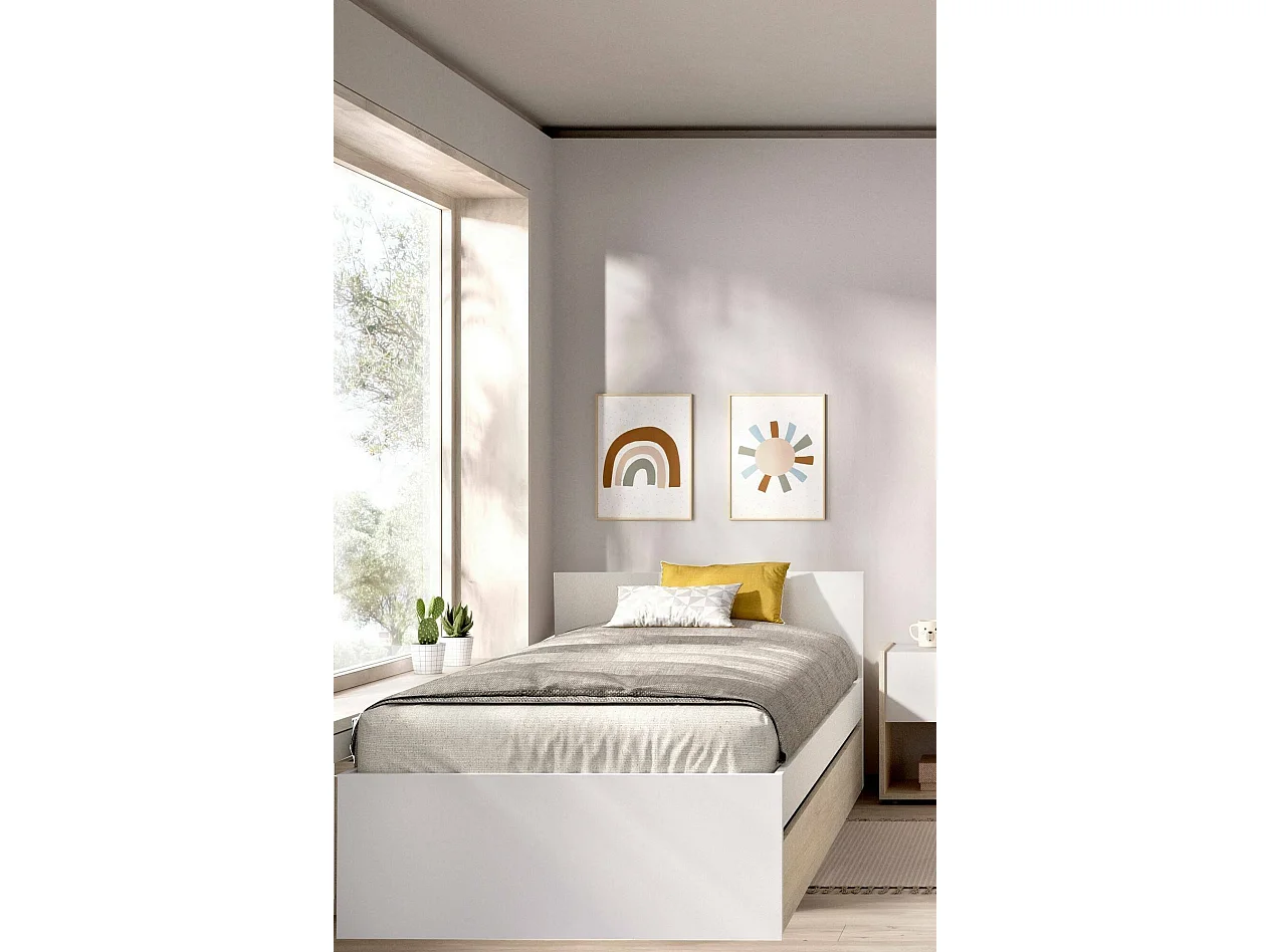 Lit simple Denglis, Sommier pour chambre, Literie par chambre, Support de matelas, 96x195 h67 cm, Blanc et Chêne clair