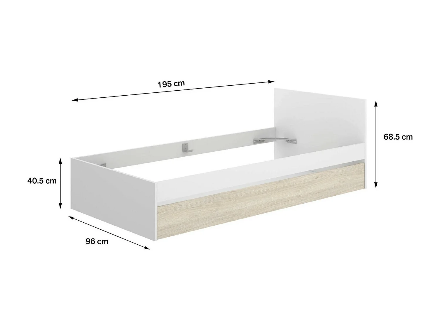 Lit simple Denglis, Sommier pour chambre, Literie par chambre, Support de matelas, 96x195 h67 cm, Blanc et Chêne clair
