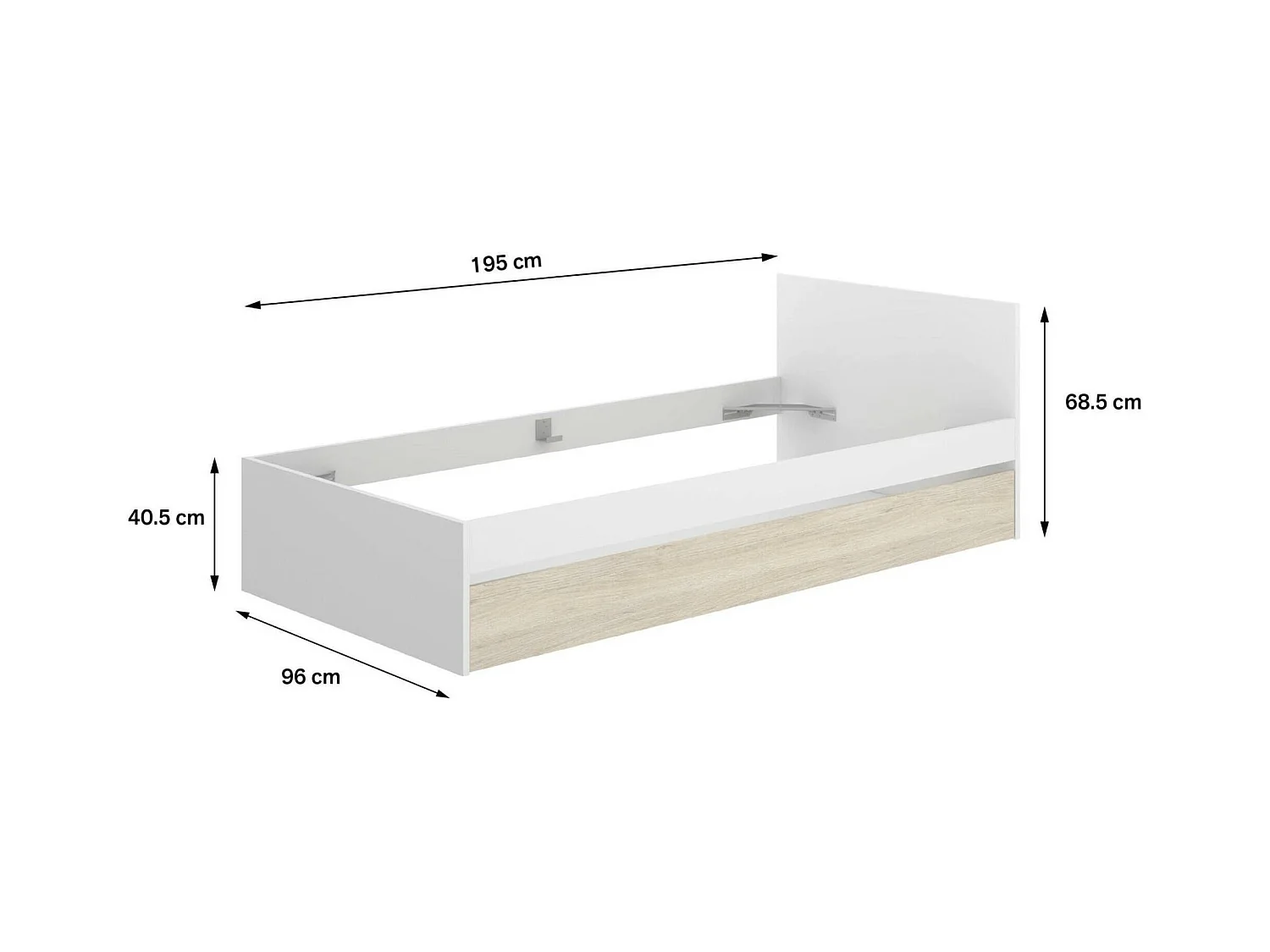 Lit simple Denglis, Sommier pour chambre, Literie par chambre, Support de matelas, 96x195 h67 cm, Blanc et Chêne clair