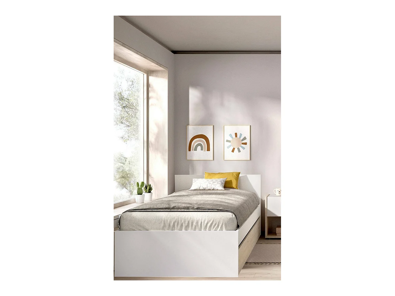 Lit simple Denglis, Sommier pour chambre, Literie par chambre, Support de matelas, 96x195 h67 cm, Blanc et Chêne clair