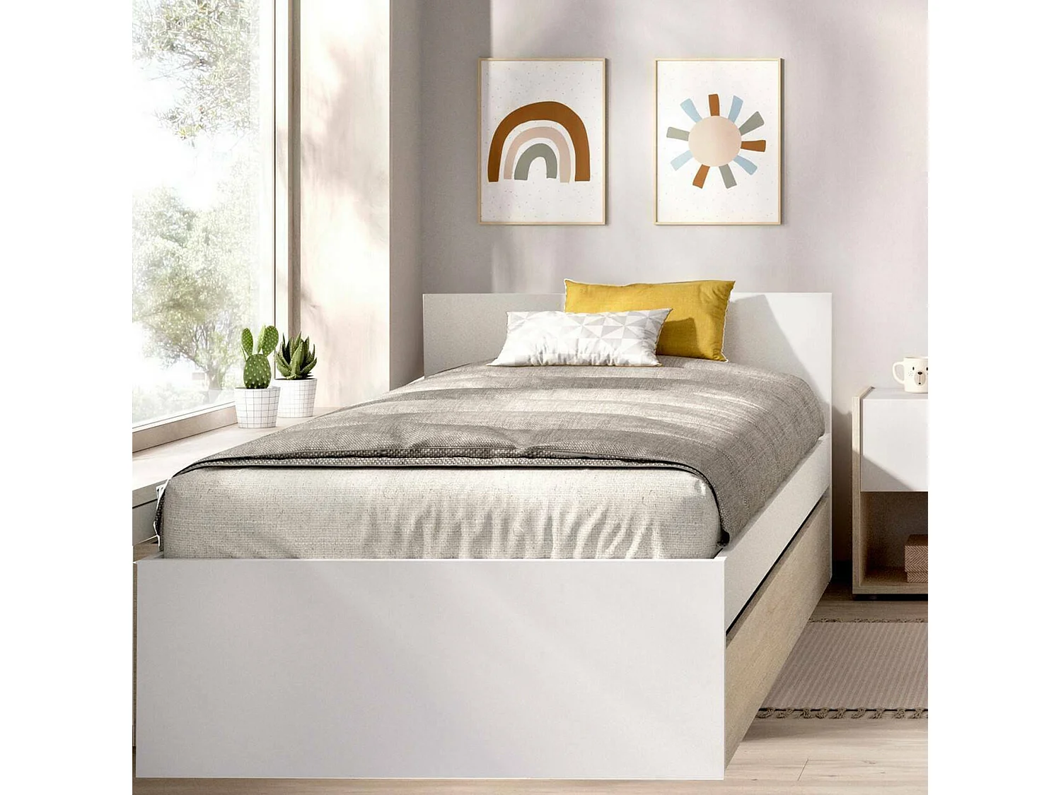 Lit simple Denglis, Sommier pour chambre, Literie par chambre, Support de matelas, 96x195 h67 cm, Blanc et Chêne clair