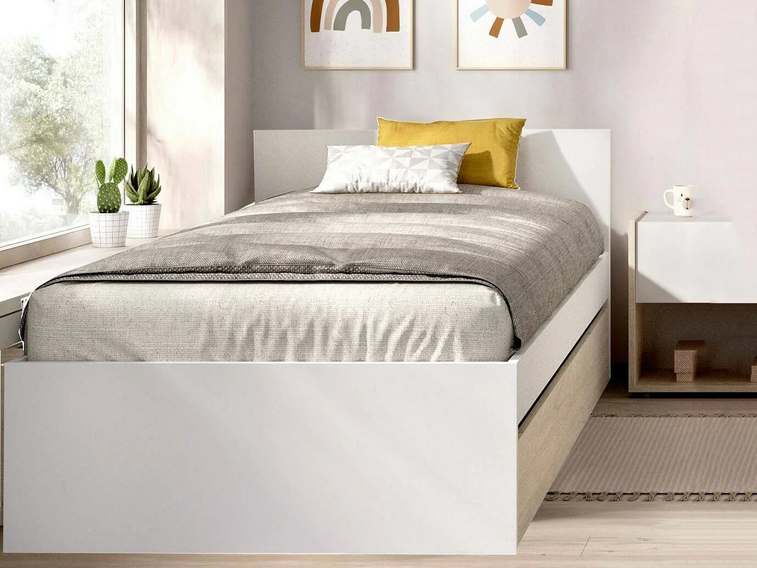 Lit simple Denglis, Sommier pour chambre, Literie par chambre, Support de matelas, 96x195 h67 cm, Blanc et Chêne clair
