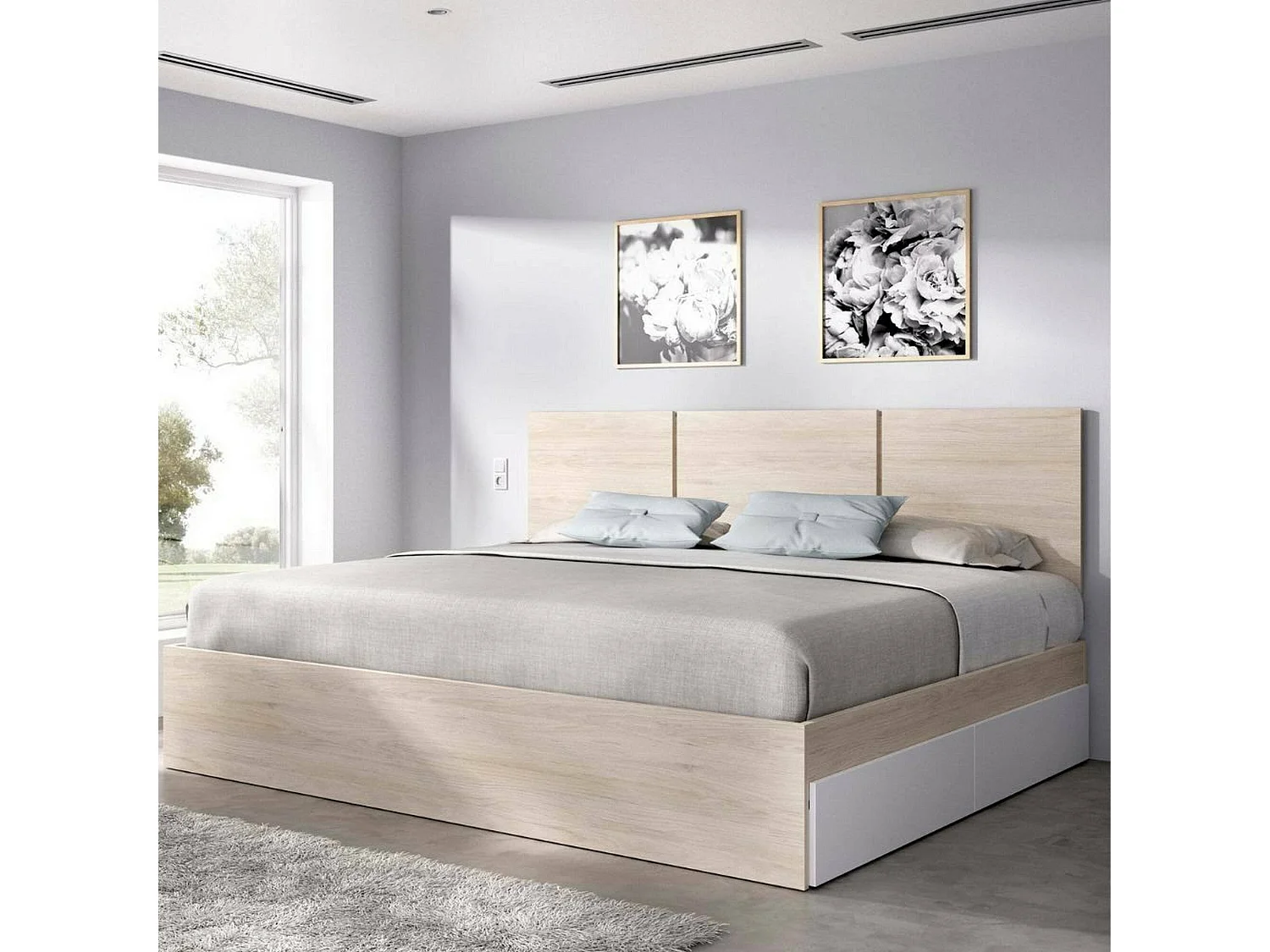 Lit double Dmccarth, Sommier pour chambre, Literie par chambre, Support de matelas, 146x195 h96 cm, Blanc et Chêne clair