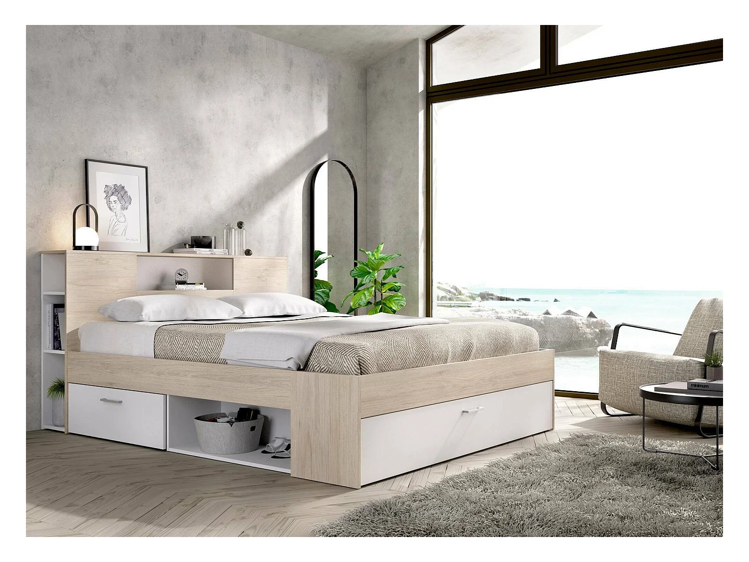 Lit double Dconner, Sommier pour chambre, Literie par chambre, Support de matelas, 150x219 h95 cm, Blanc et Chêne clair