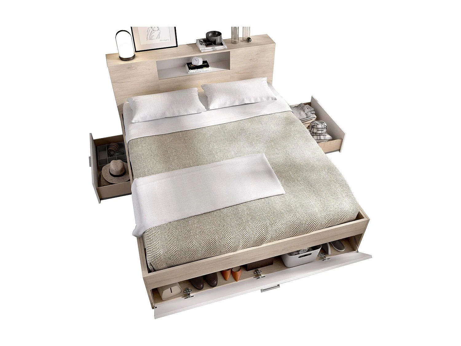 Doppelbett Dconner, Struktur des Container-Betts, Sommier mit Verkleidung, Matratzenhalterstruktur, 150x219 h95 cm, WeiÃŸ und Eiche