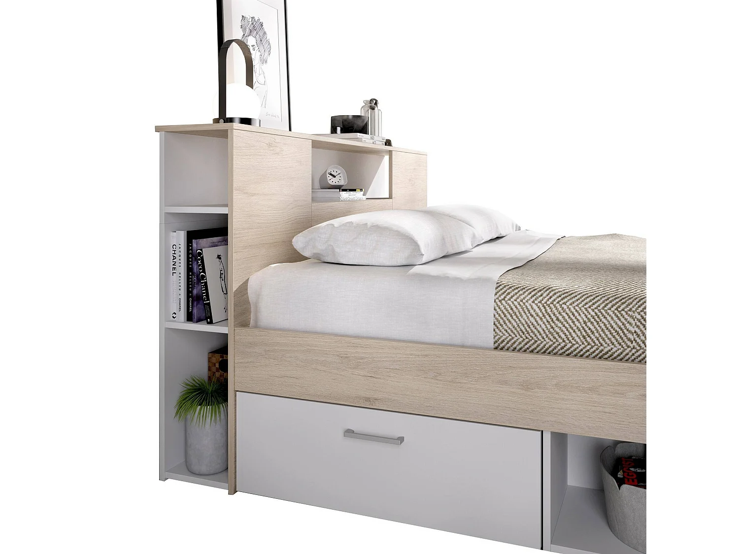 Doppelbett Dconner, Struktur des Container-Betts, Sommier mit Verkleidung, Matratzenhalterstruktur, 150x219 h95 cm, WeiÃŸ und Eiche