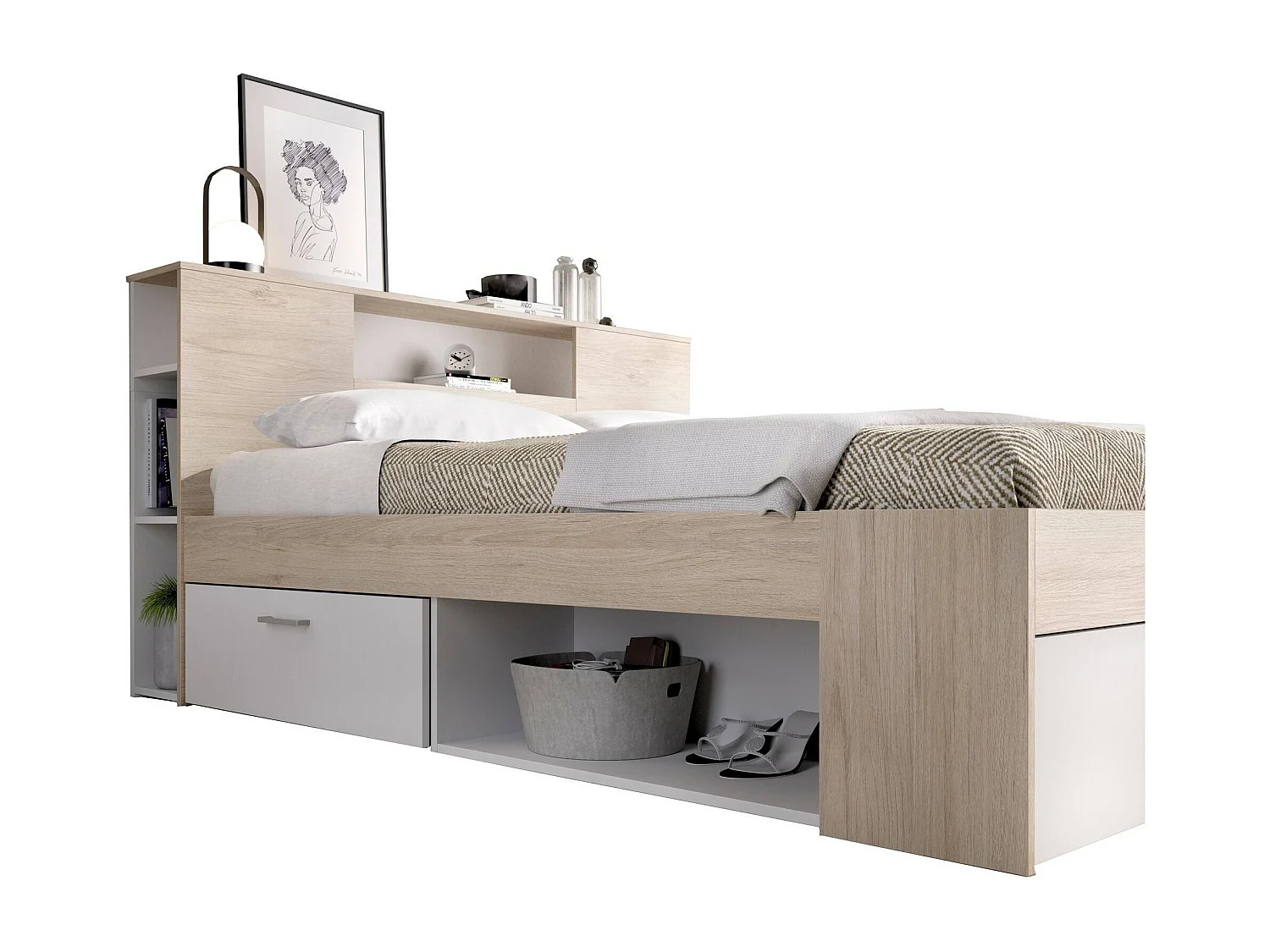 Lit double Dconner, Sommier pour chambre, Literie par chambre, Support de matelas, 150x219 h95 cm, Blanc et Chêne clair