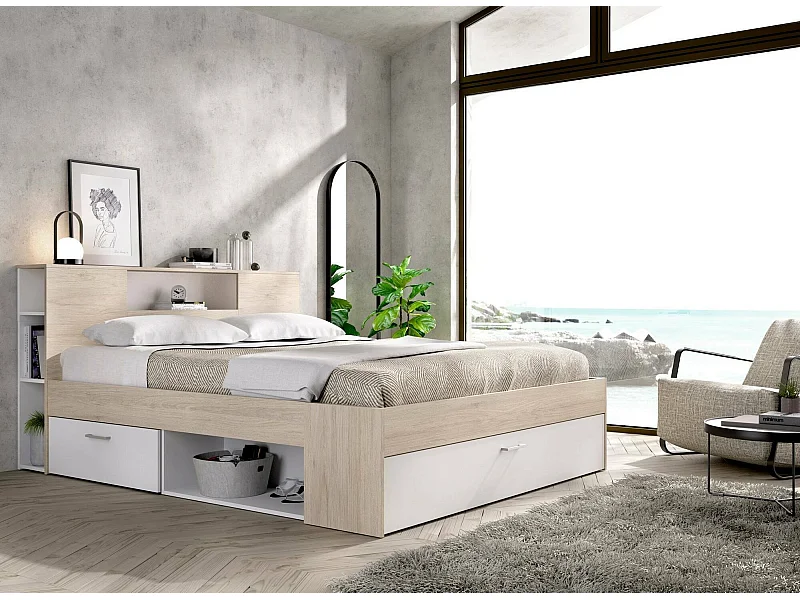 Doppelbett Dconner, Struktur des Container-Betts, Sommier mit Verkleidung, Matratzenhalterstruktur, 150x219 h95 cm, WeiÃŸ und Eiche