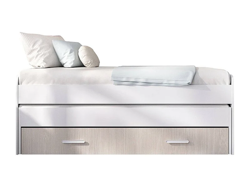 Cama infantil Dposto, Cuna para dormitorio, Conjunto de dormitorio, Estructura del sostenedor del colchón, 200x98 h70 cm, Blanco y Roble