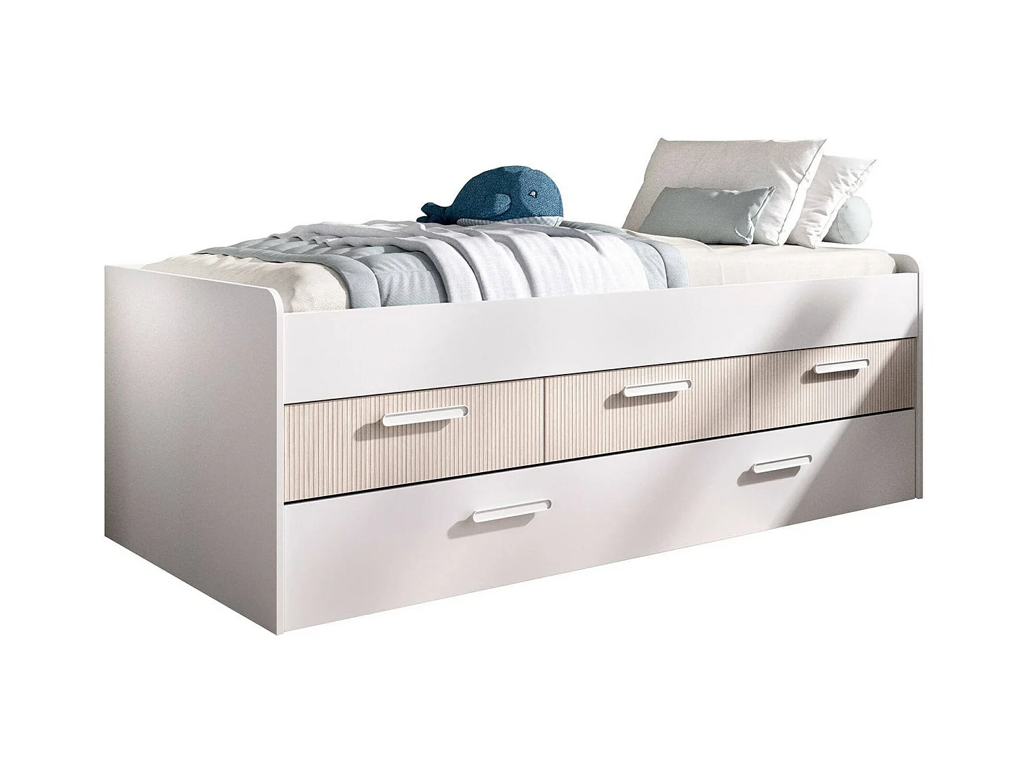 Dnore kinderbed, Kinderbedje voor kinderkamer, Slaapkamerset, Matrashouderstructuur, 194x95 h68 cm, Wit en Eiken