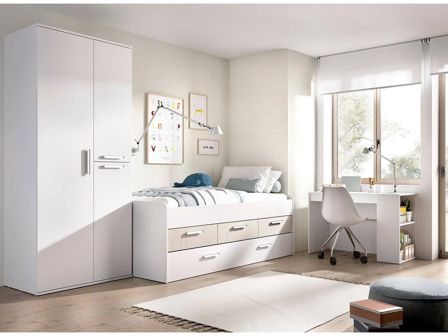 Lit d'enfant Dnore, Couchette pour chambre d'enfant, Ensemble de chambre, Support de matelas, 194x95 h68 cm, Blanc et Chêne clair