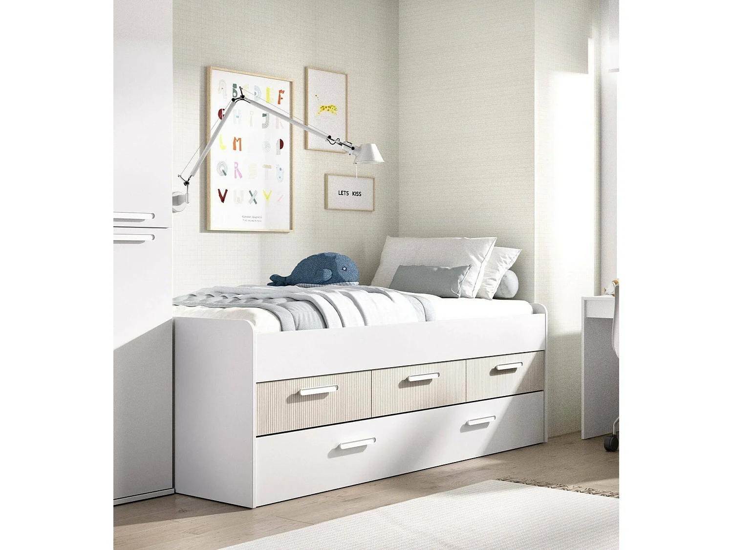 Cama infantil Dnore, Berço para quarto infantil, Conjunto de quarto, Estrutura porta-colchão, 194x95 h68 cm, Branco e Carvalho