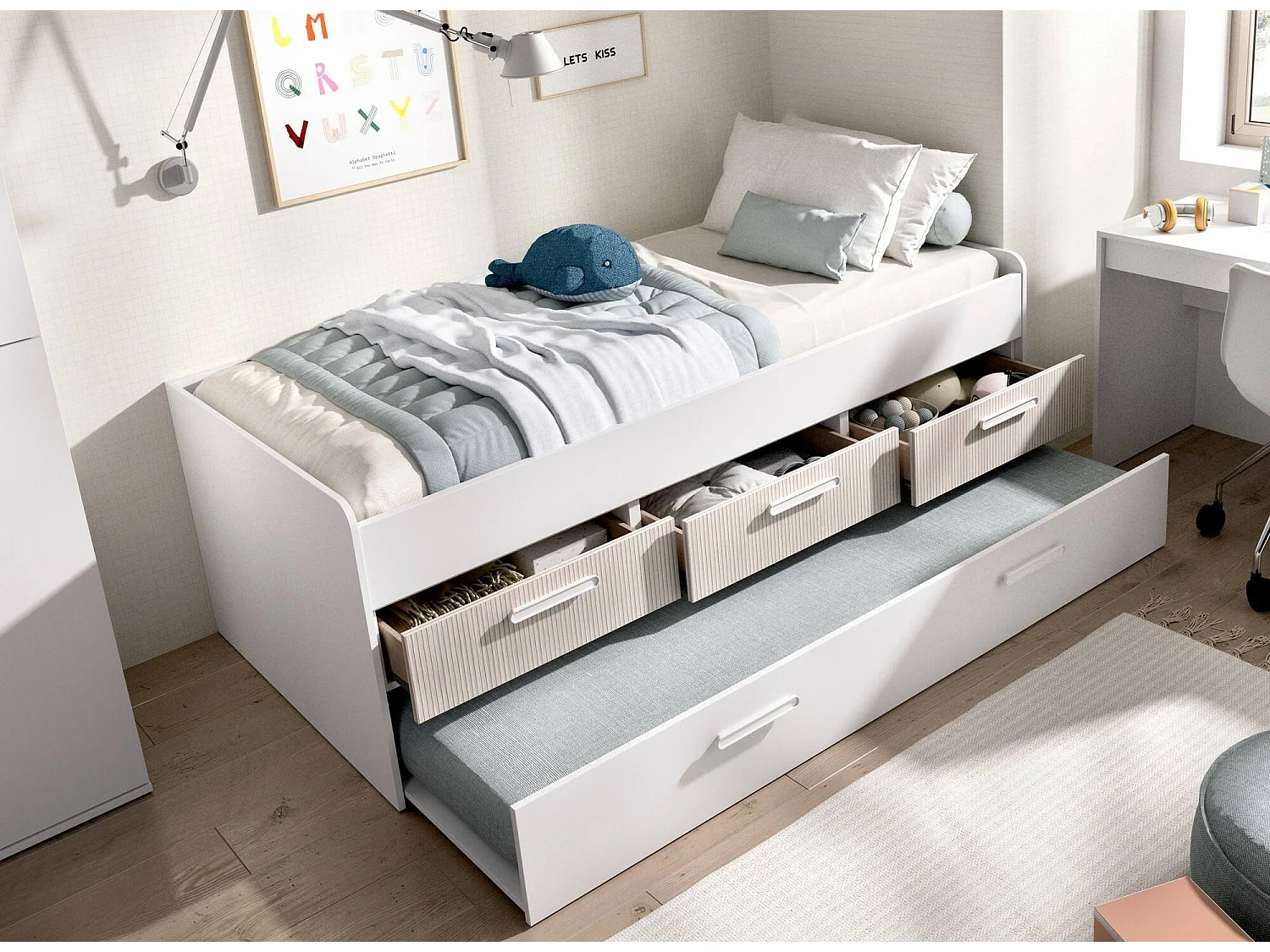 Cama infantil Dnore, Berço para quarto infantil, Conjunto de quarto, Estrutura porta-colchão, 194x95 h68 cm, Branco e Carvalho