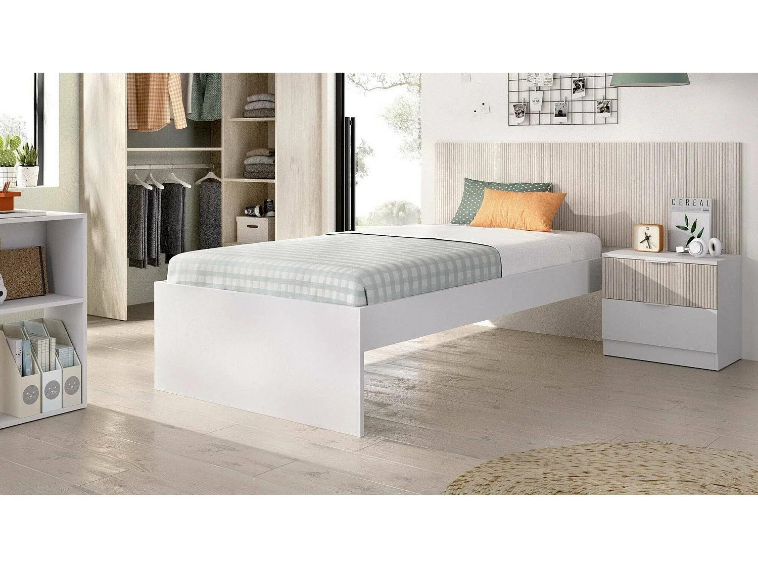 Cama individual Dkitayam, Sommier para quarto, Estrutura de cama para quarto, Estrutura porta colchão, 146x195 h106 cm, Branco e Carvalho