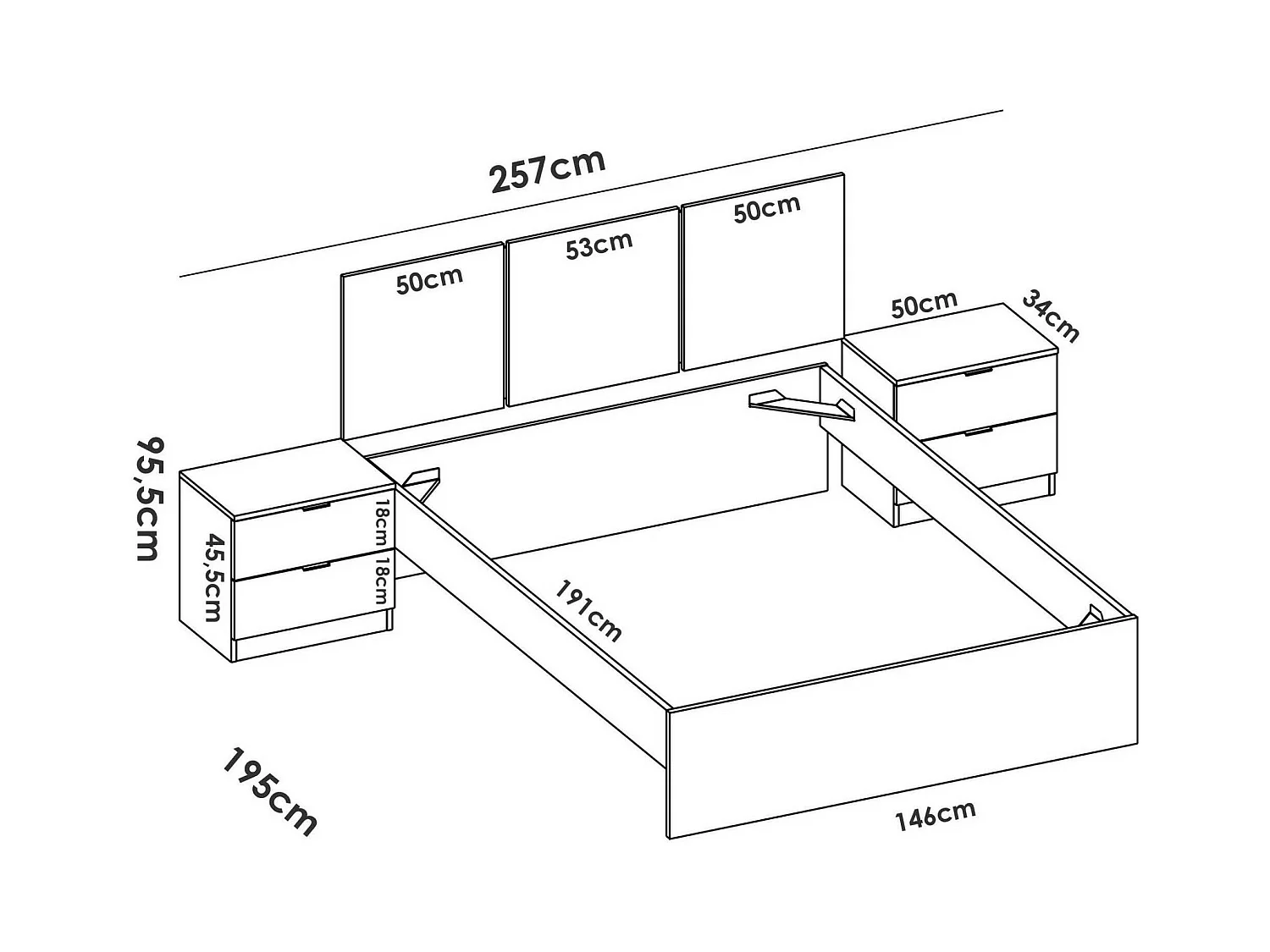 Lit double Dros, Sommier pour chambre, Literie par chambre, Support de matelas, 259x195 h96 cm, Blanc
