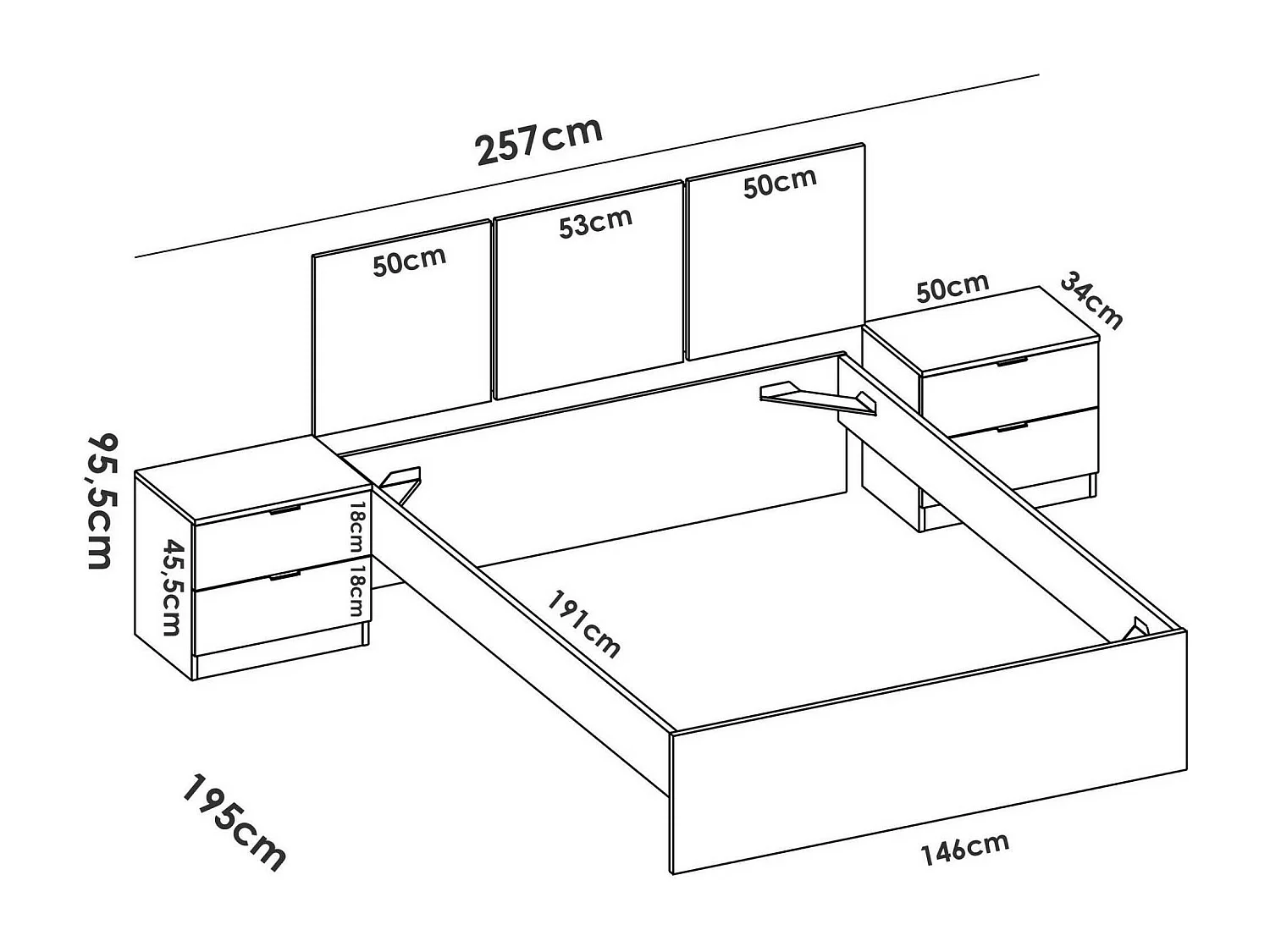 Dmora - Letto alla francese Villamar, 259x195 h96 cm, Bianco