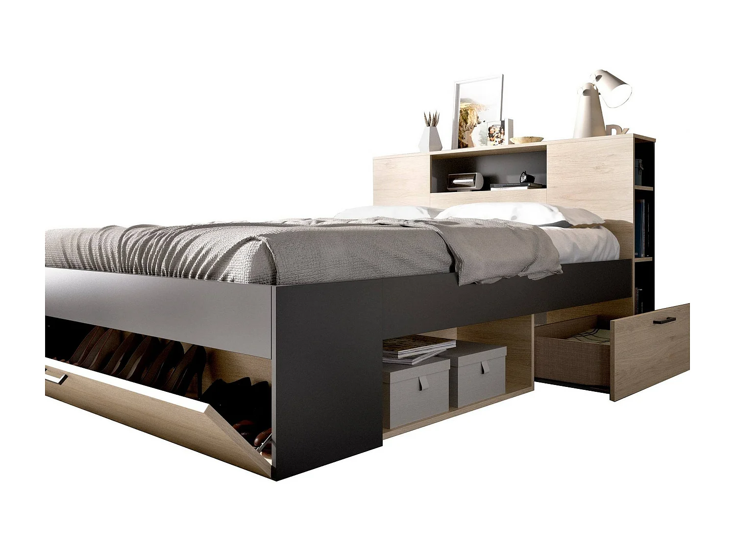Lit double Dconner, Sommier pour chambre, Literie par chambre, Support de matelas, 150x219 h95 cm, Anthracite et Chêne clair