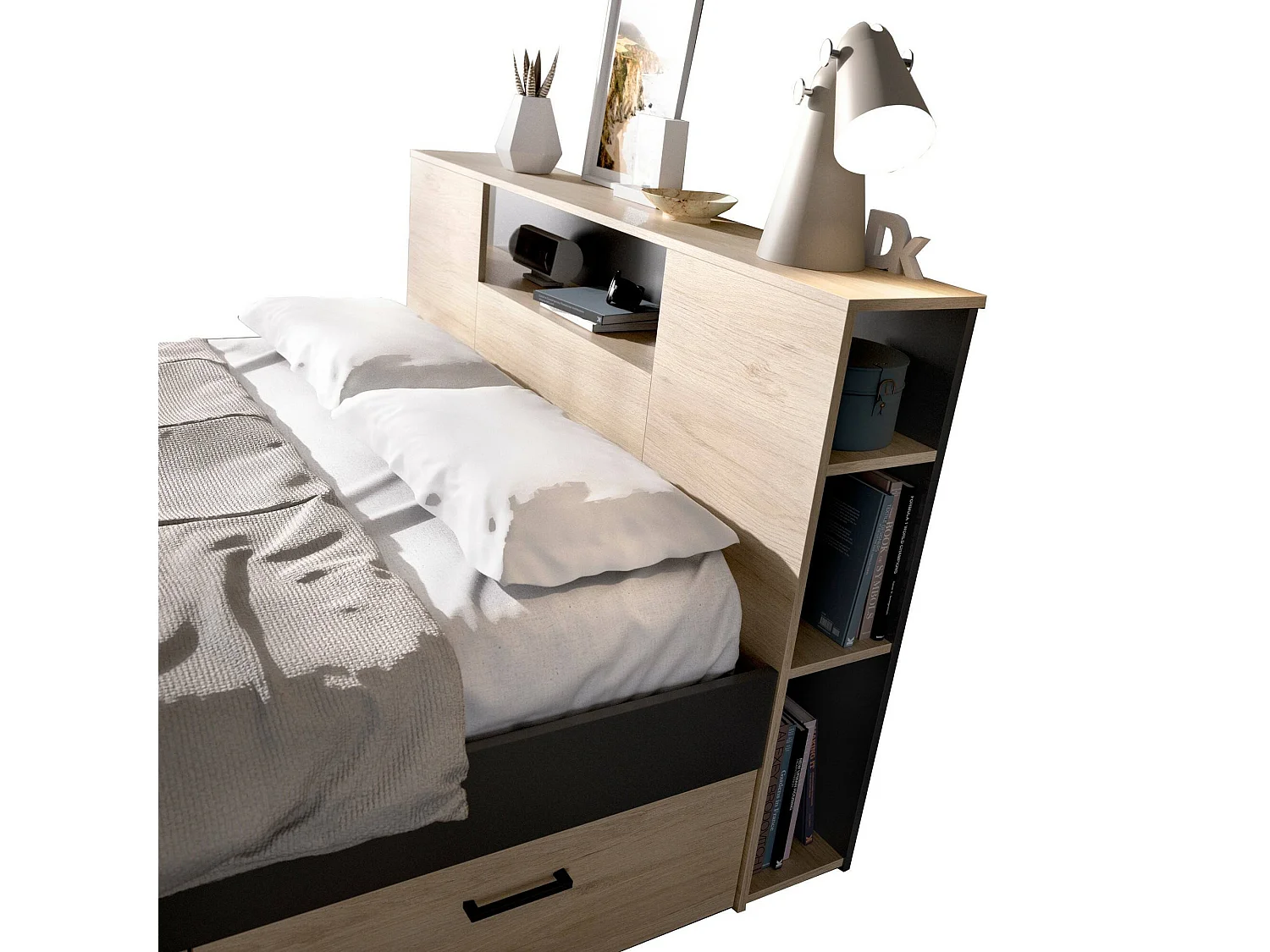 Lit double Dconner, Sommier pour chambre, Literie par chambre, Support de matelas, 150x219 h95 cm, Anthracite et Chêne clair