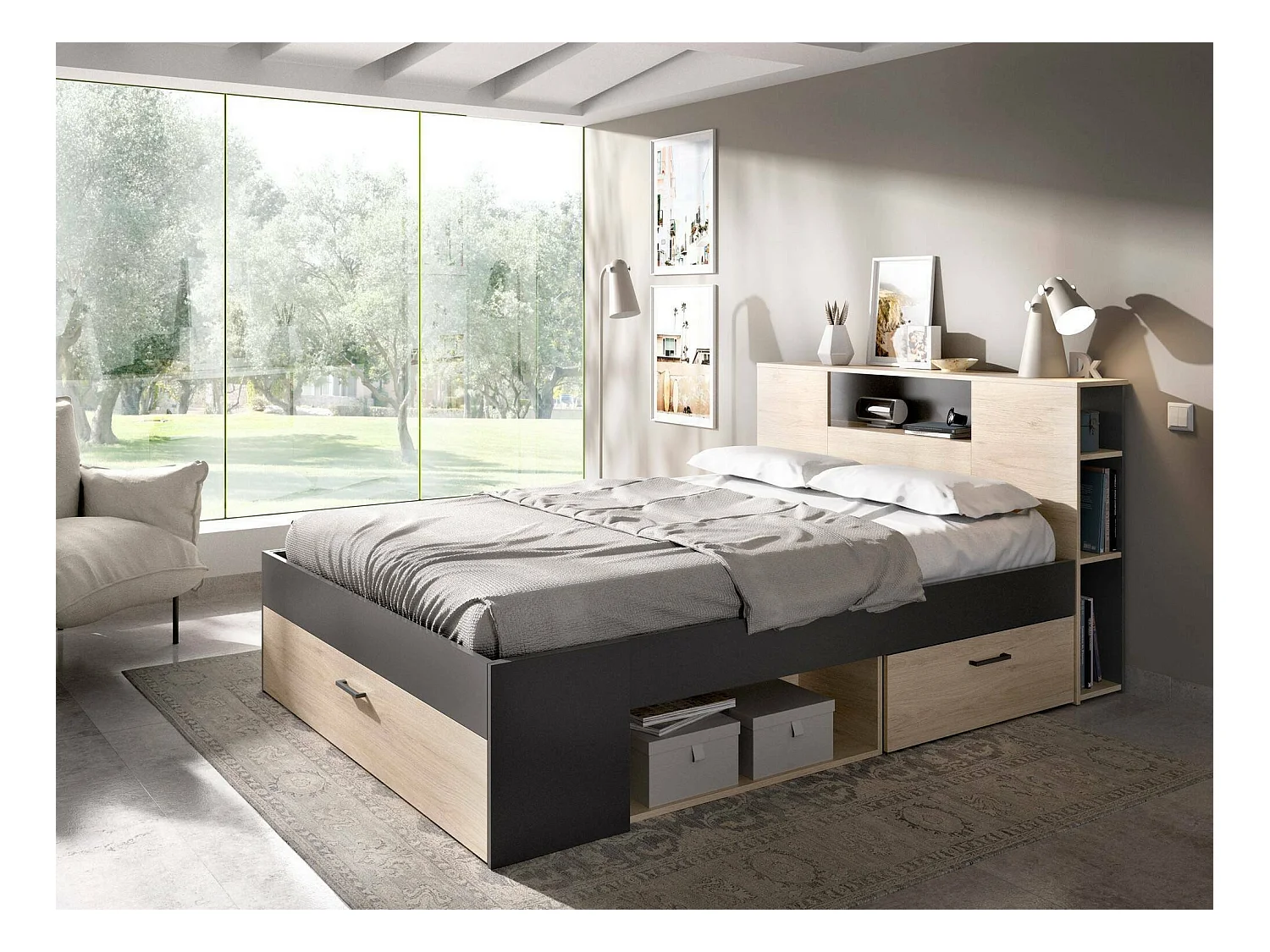 Lit double Dconner, Sommier pour chambre, Literie par chambre, Support de matelas, 150x219 h95 cm, Anthracite et Chêne clair