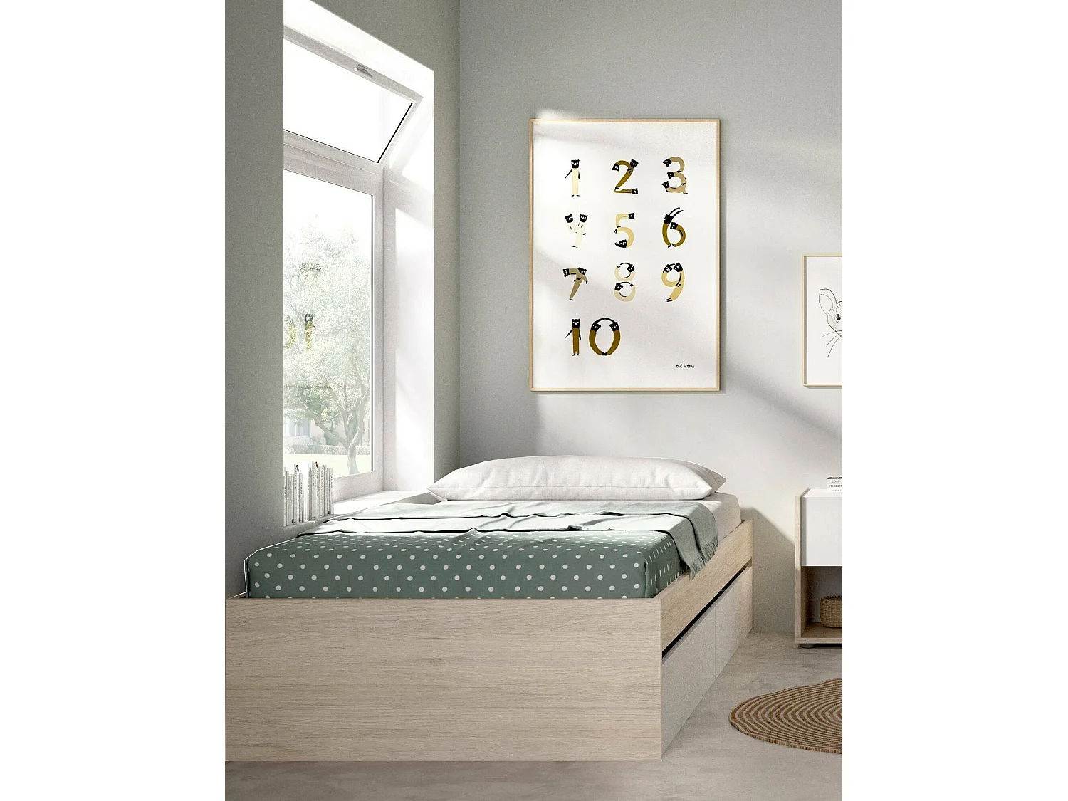 Lit simple Ddetr, Sommier pour chambre, Literie par chambre, Support de matelas, 96x195 h40 cm, Chêne clair et Blanc