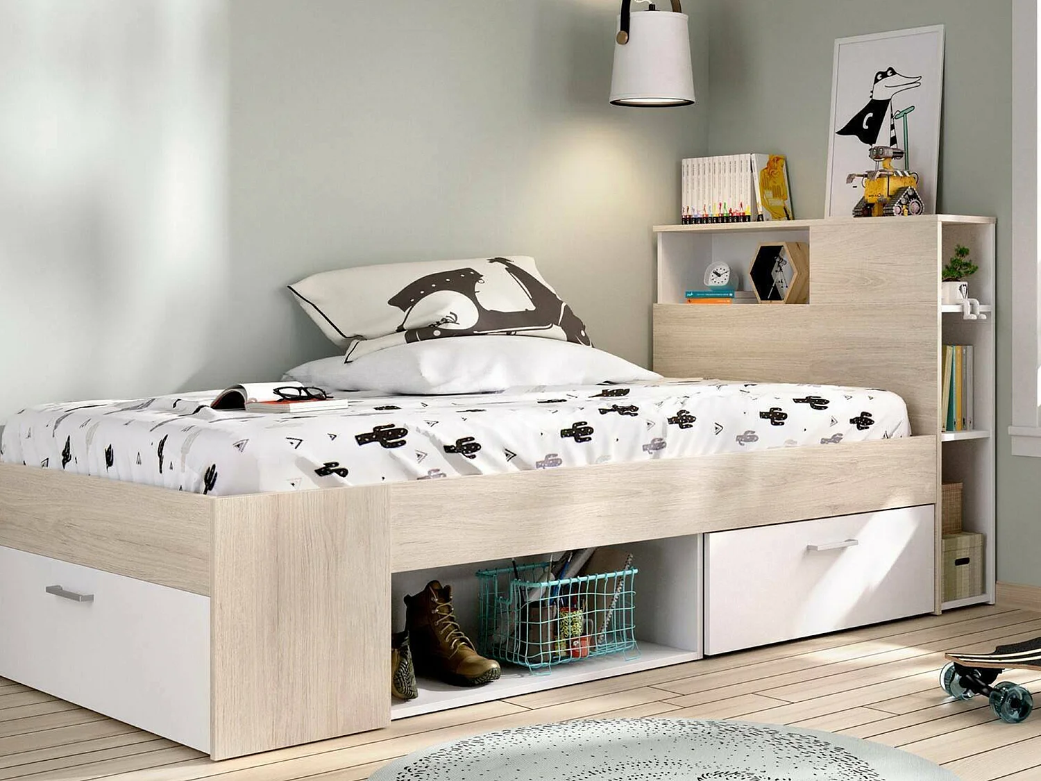 Letto per Bambini Adrielle, Contenitore, 99x218 cm Bianco, Lettino