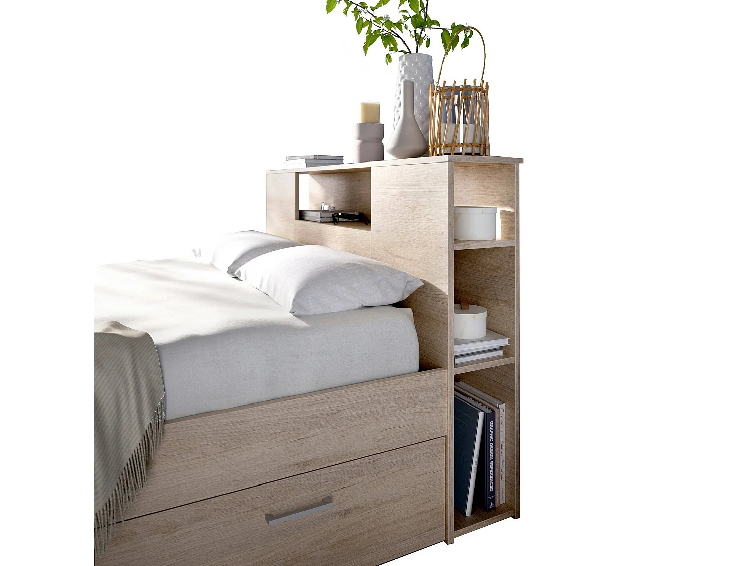 Lit double Dconner, Sommier pour chambre, Literie par chambre, Support de matelas, 150x219 h95 cm, Chêne clair