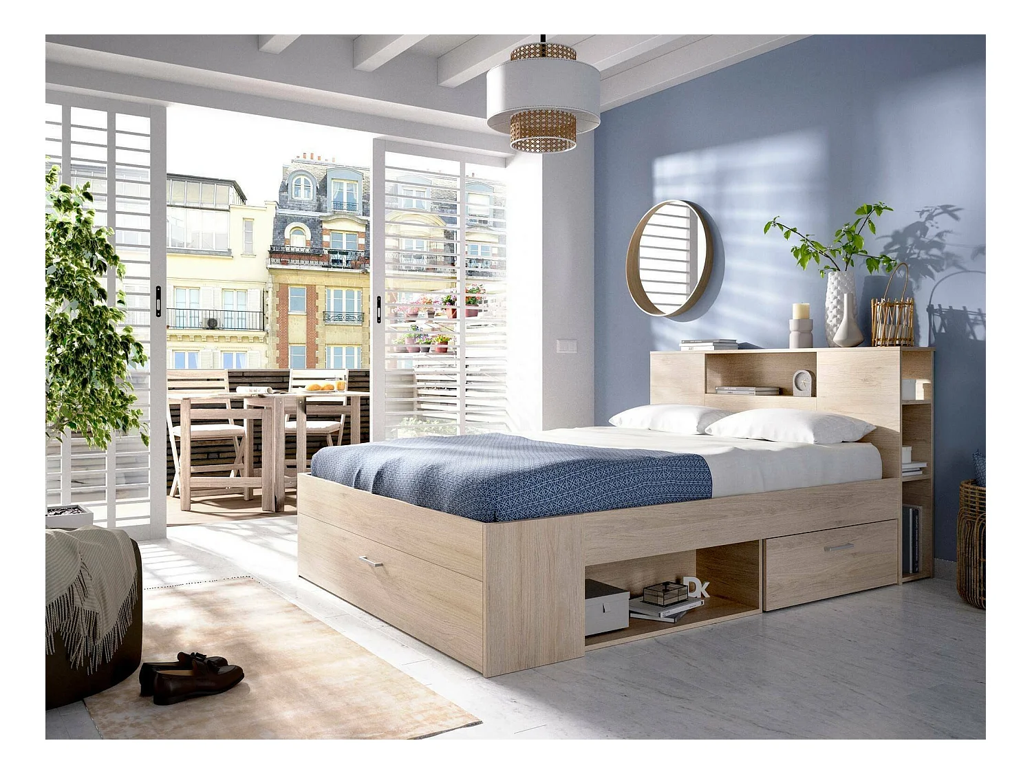 Lit double Dconner, Sommier pour chambre, Literie par chambre, Support de matelas, 150x219 h95 cm, Chêne clair